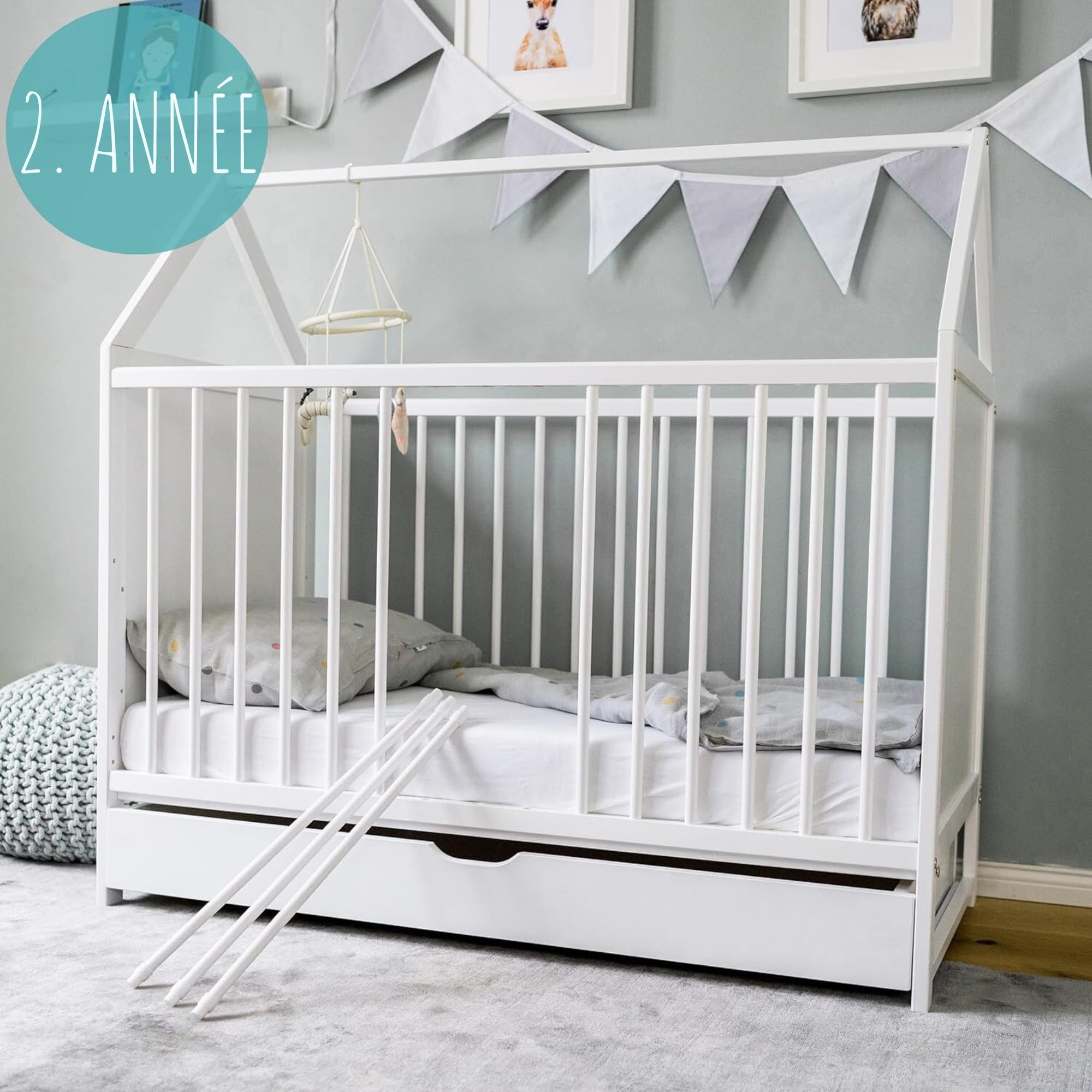 Kids Collective Lit d'appoint pour bébé - 120 x 60 cm - Blanc - avec tiroir - Réglable en Hauteur et Transformable