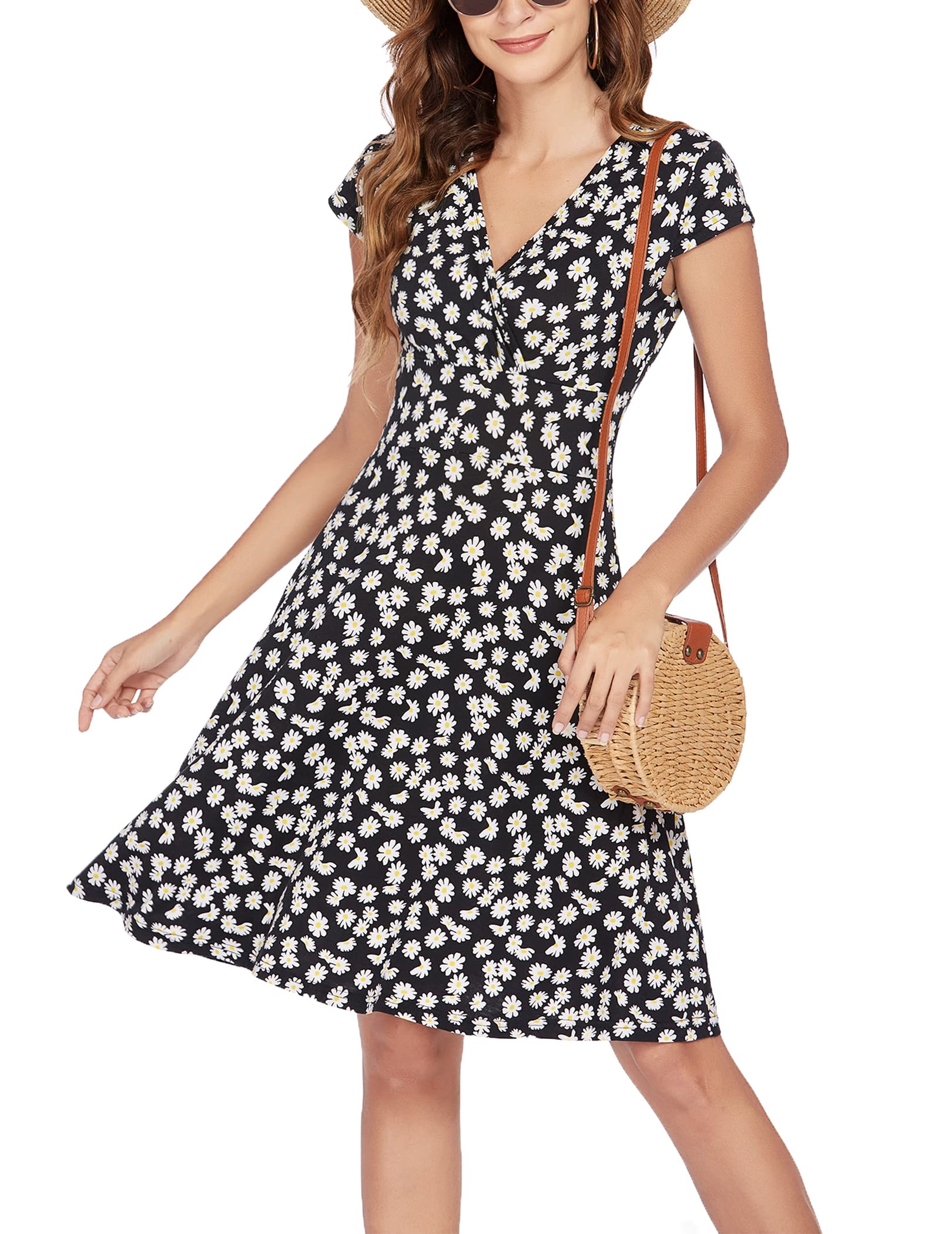 Beyove Sommerkleid Damen Knielang V-Ausschnitt Blümchenkleid A Linie Kurzarm Jerseykleid Floral Sommer Wickelkleid Strandkleid