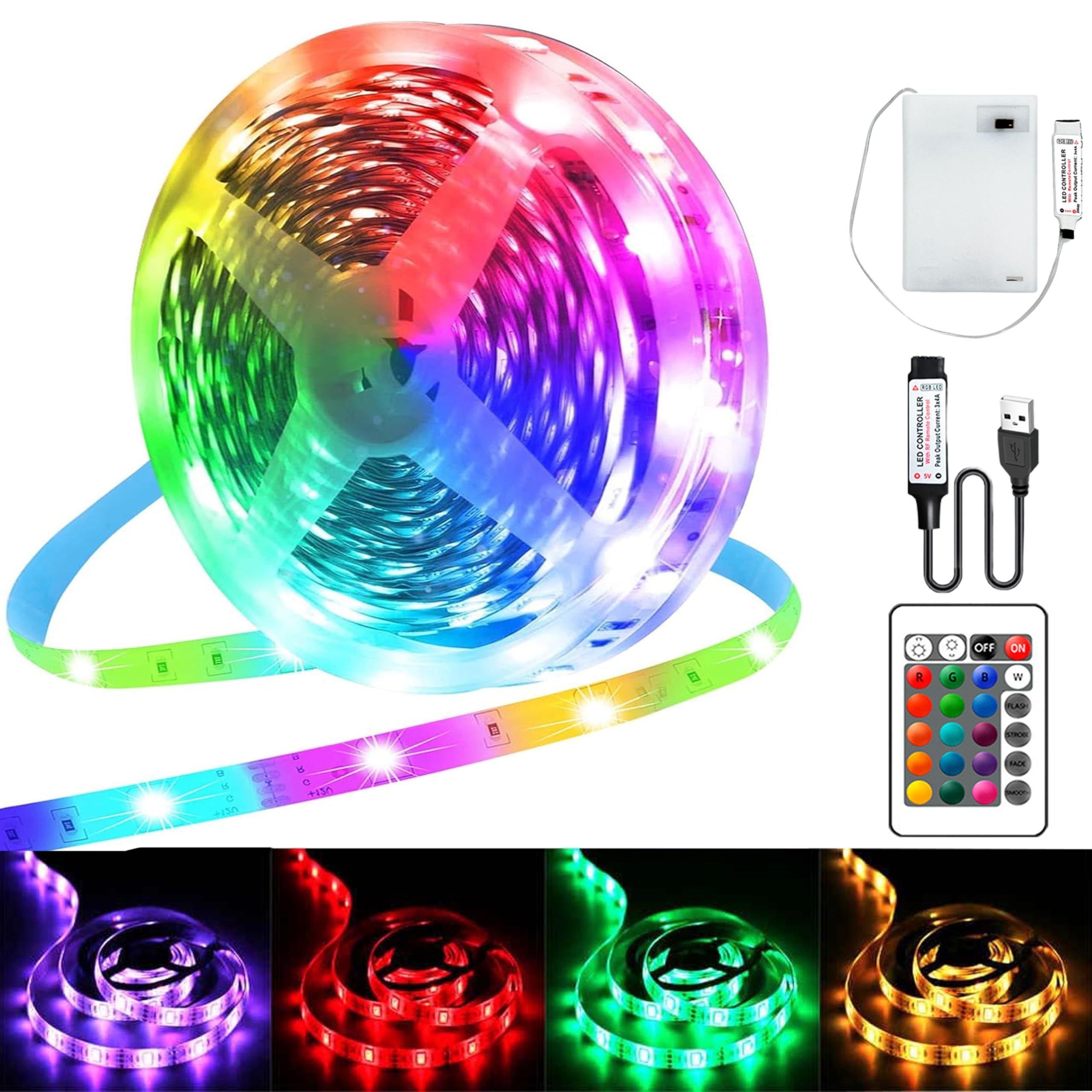 LED Streifen Batterie, 5M RGB 5050 LED Strip Batteriebetrieben oder USB Betrieben, Fernbedienung Dimmbar 16 Farben Ledband Selbstklebend für TV Hintergrundbeleuchtung Deko, Zuhause PartyDeko