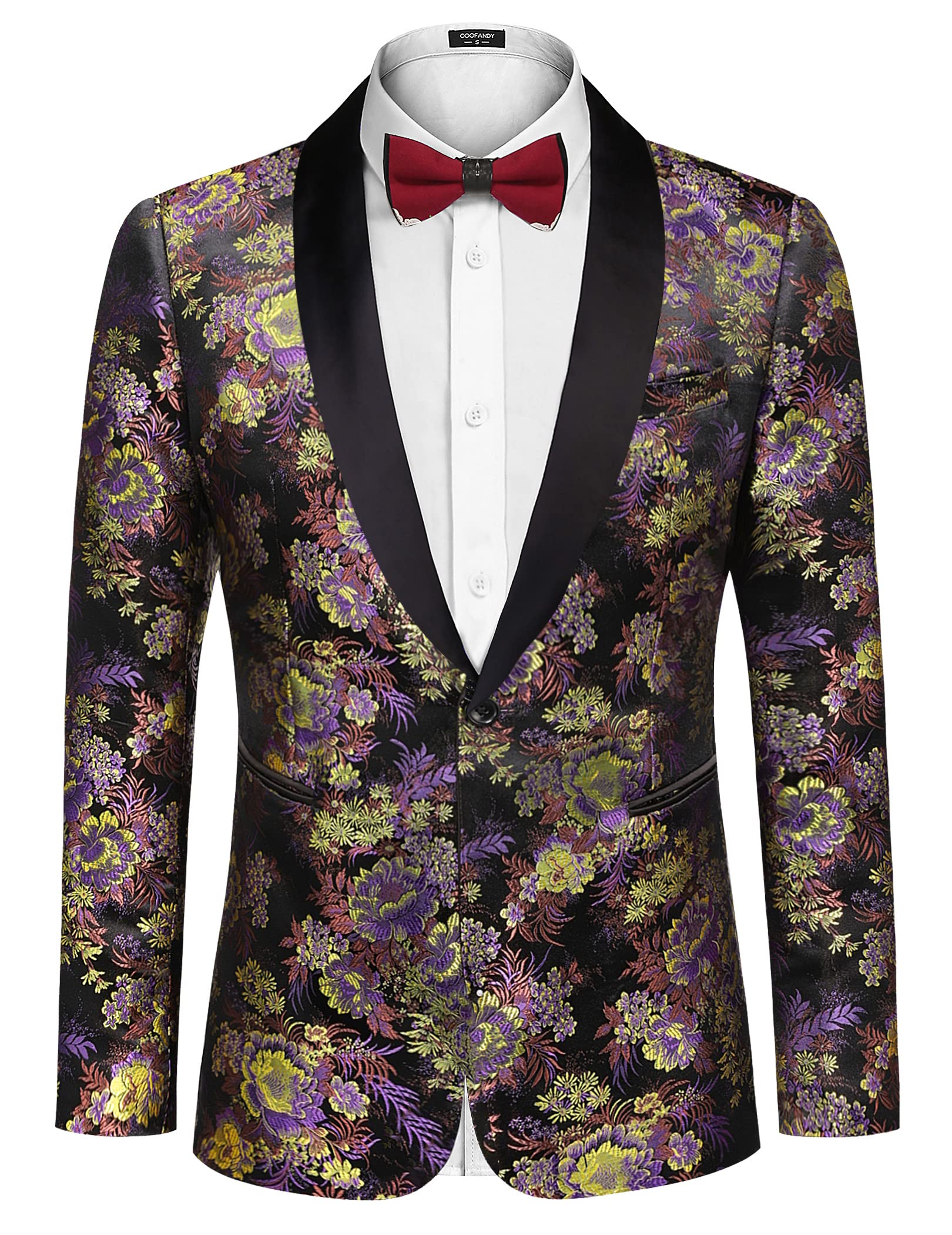 COOFANDYMen's Floral Tuxedo Jacket Luxury Embroidered Stylish Suit Blazer Jacket for Wedding Party Dinner, Flower-black, M