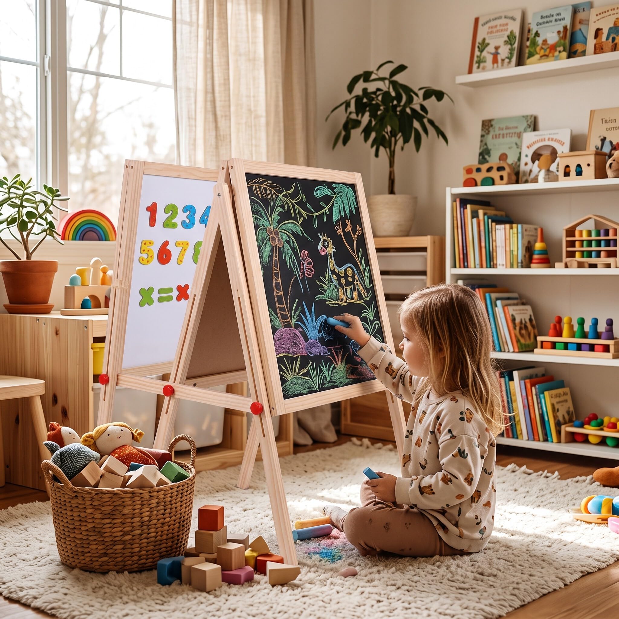 Ejoyous Tableau 2 en 1 en bois pour enfants - Réglable en hauteur - Chevalet magnétique en bois - Tableau de jeu pour enfants à partir de 3 à 12 ans - 65 x 35 x 31 cm
