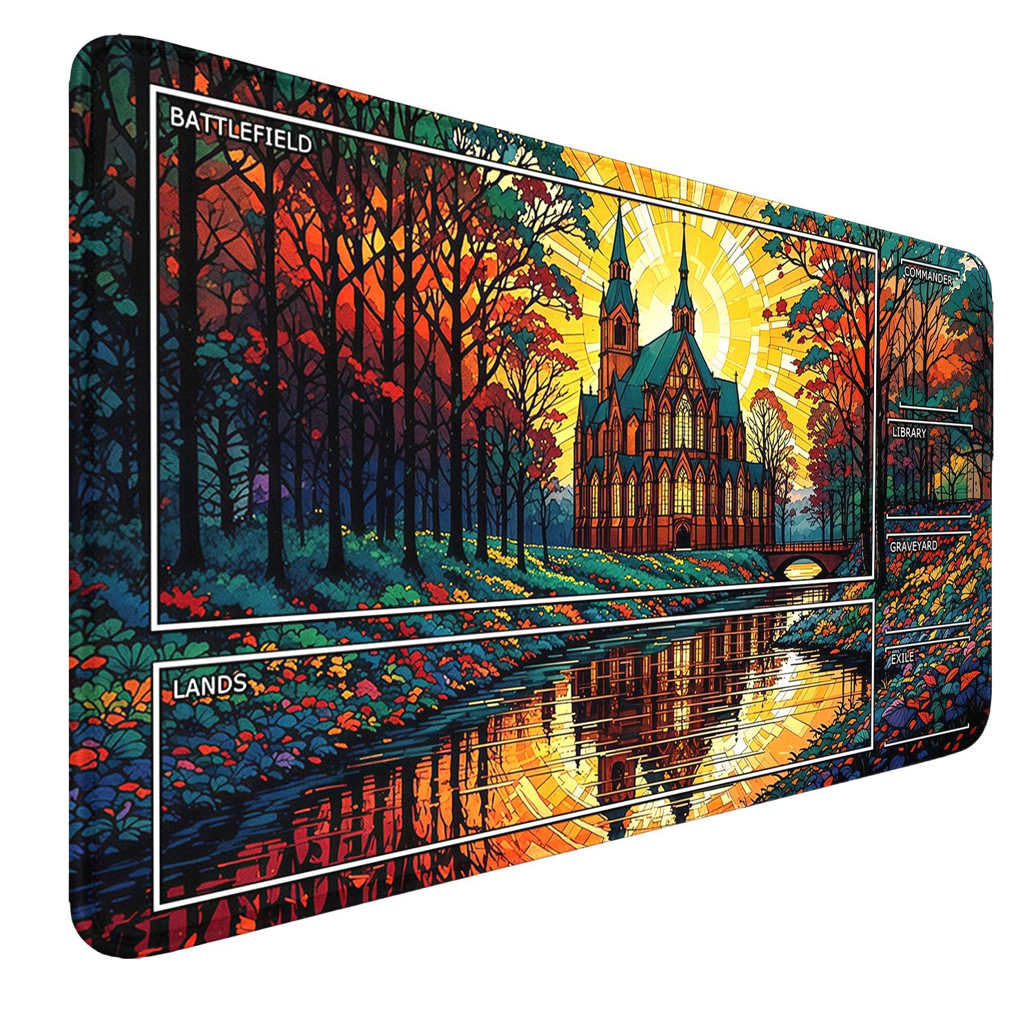 MTG Playmat- Stitched Edges Forest TCG Playmat-Non-Slip Landscape Play Mat Smooth Surface Rubber Base Board Game Mousepad 24x14 inches for Trading Card Game Playing with Storage Bags