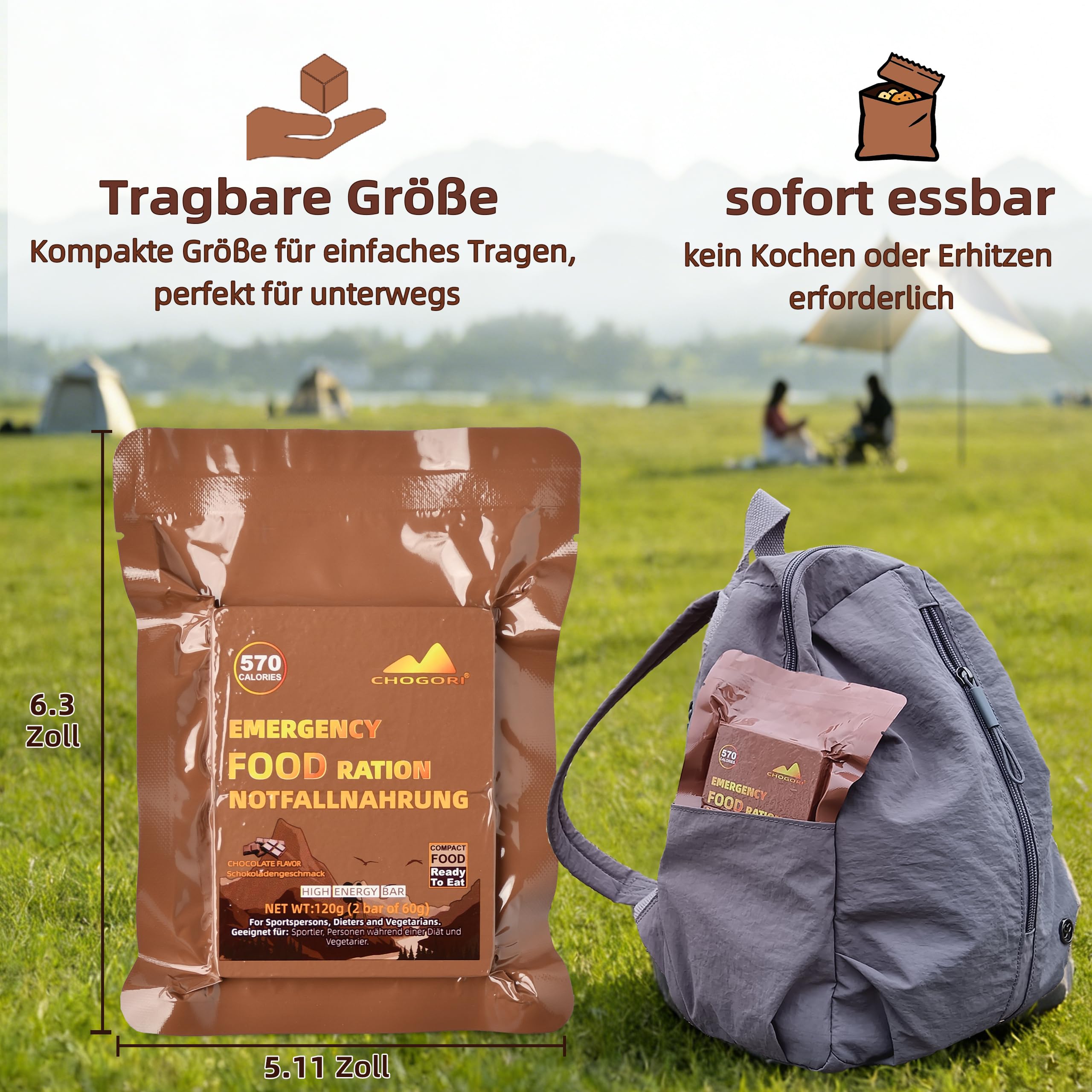 Notfallnahrung - Schokoladengeschmack Notfallvorräte, 6840 kcal Notnahrung, Lange Haltbarkeit Notration, für Trekking, Wandern, Bergsteigen und im Notfall, 12 Stück