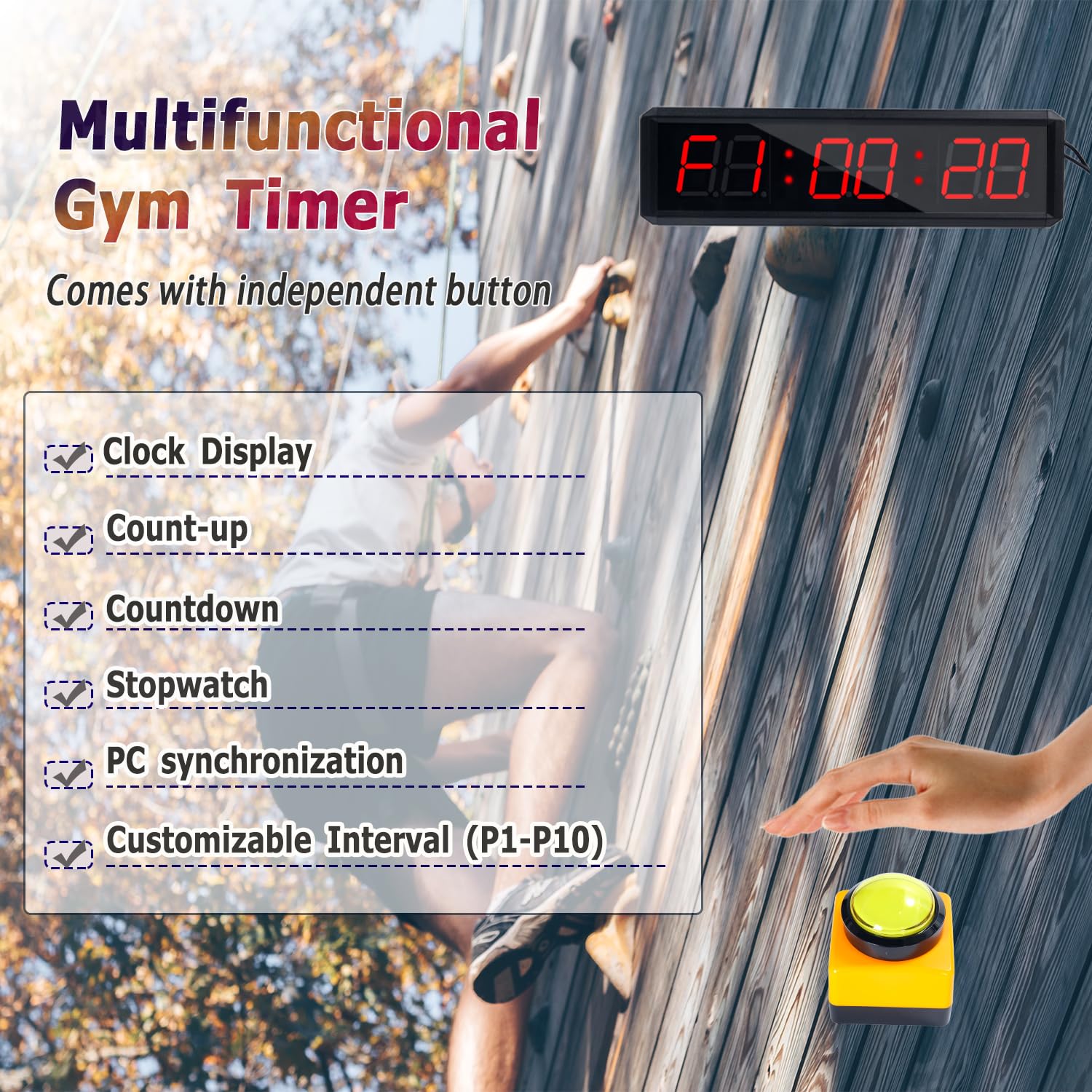 Temporizador de fitness, adecuado para ejercicio de gimnasio, escuela, ejercicio en casa, sala de levantamiento de pesas, gimnasio de boxeo, escalada en roca interior (modo de transmisión