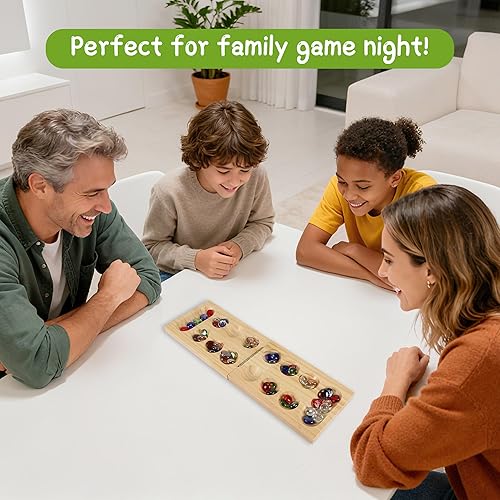 Miniatura 6 de Mancala - Juego de mesa plegable de madera con 48 piedras de cristal coloridas, juegos de viaje portátiles para niños y adultos, juego clásico de