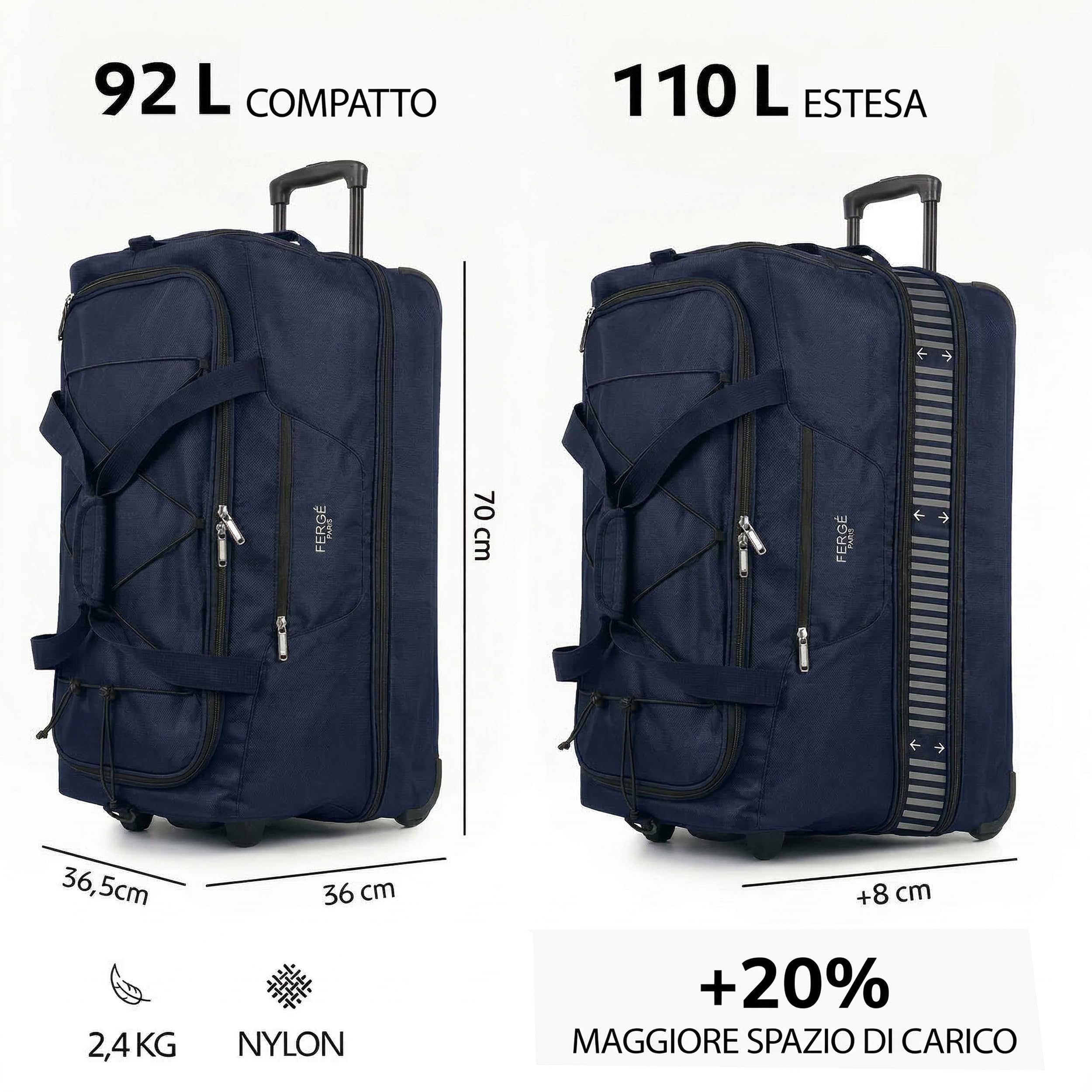 FERGÉ XL borsa da viaggio capiente con rotelle, espandibile e scomparto per scarpe - Trolley con cinghie di fissaggio, borsa da viaggio morbida, Weekender PARIS