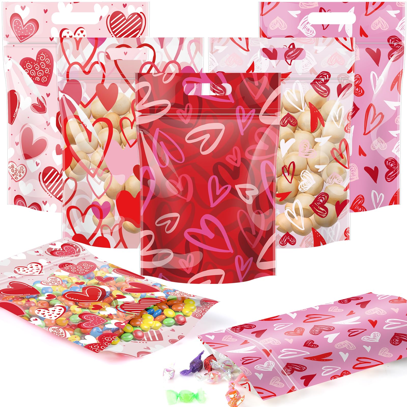 Geschenktüten zum Valentinstag, wiederverschließbar, Herz-Druck, Leckerli-Taschen mit Griff, rot und rosa, Kunststoff, mit Reißverschluss, Süßigkeitenbeutel für Valentinstag, Hochzeit, Klasse, Party