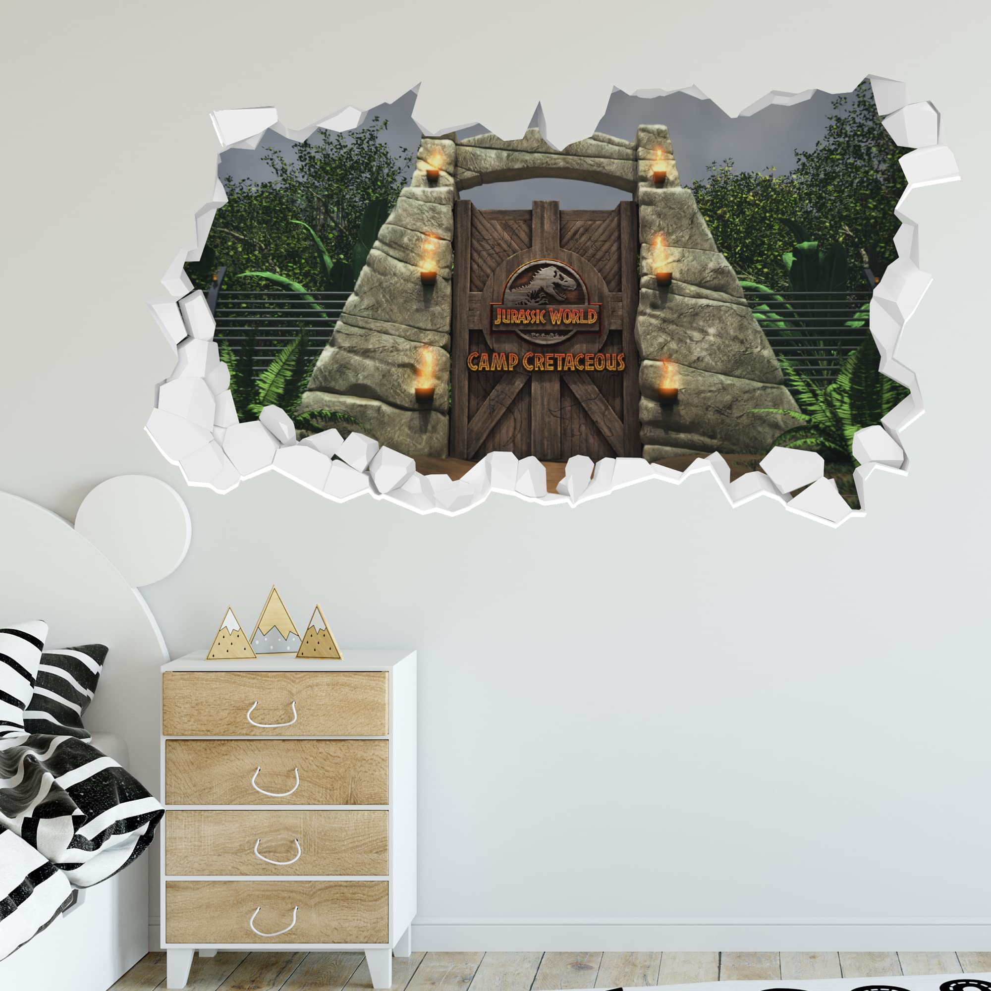Jurassic World Camp Cretaceous Wall Sticker - Camp Gates Broken Wall Decal Art (90cm Width x 50cm Height)