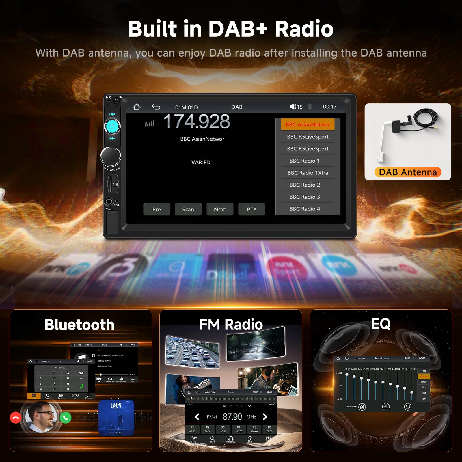 Hodozzy 7 Pollici 2 Din Autoradio con Wireless Carplay Android Auto, DAB+ Digital Radio 2 Din con Bluetooth, FM Radio, Mirror Link, Riproduzione Video, SWC, USB/AUX/Type-c/Scheda TF con Telecamera