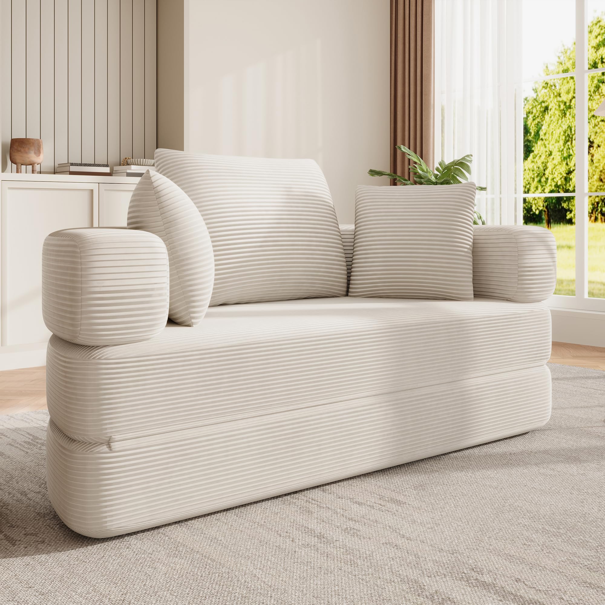 Divano letto 2 posti pieghevole multifunzionale autoportante, divano senza struttura, Letto ovale con cuscini, divano modulare, tessuto di velluto a coste (173 x 176 cm), Beige chiaro