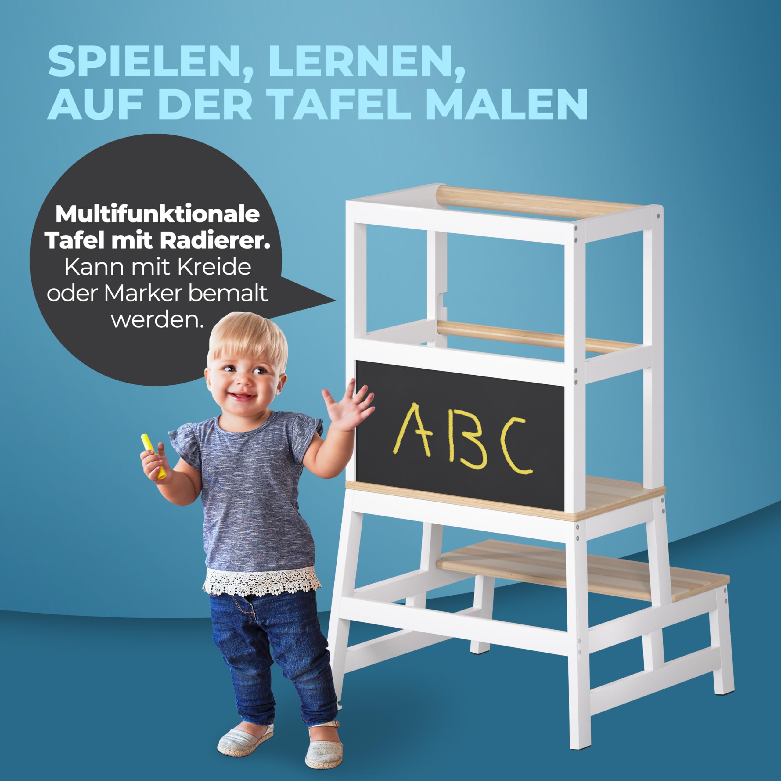 Spielwerk® Lernturm ab 2 Jahren Kinder mit Tafel Montessori 93cm Hoch Learning Tower 100kg Belastbar Trittschemel Kiefer Lernstuhl Küche Weiß Holz