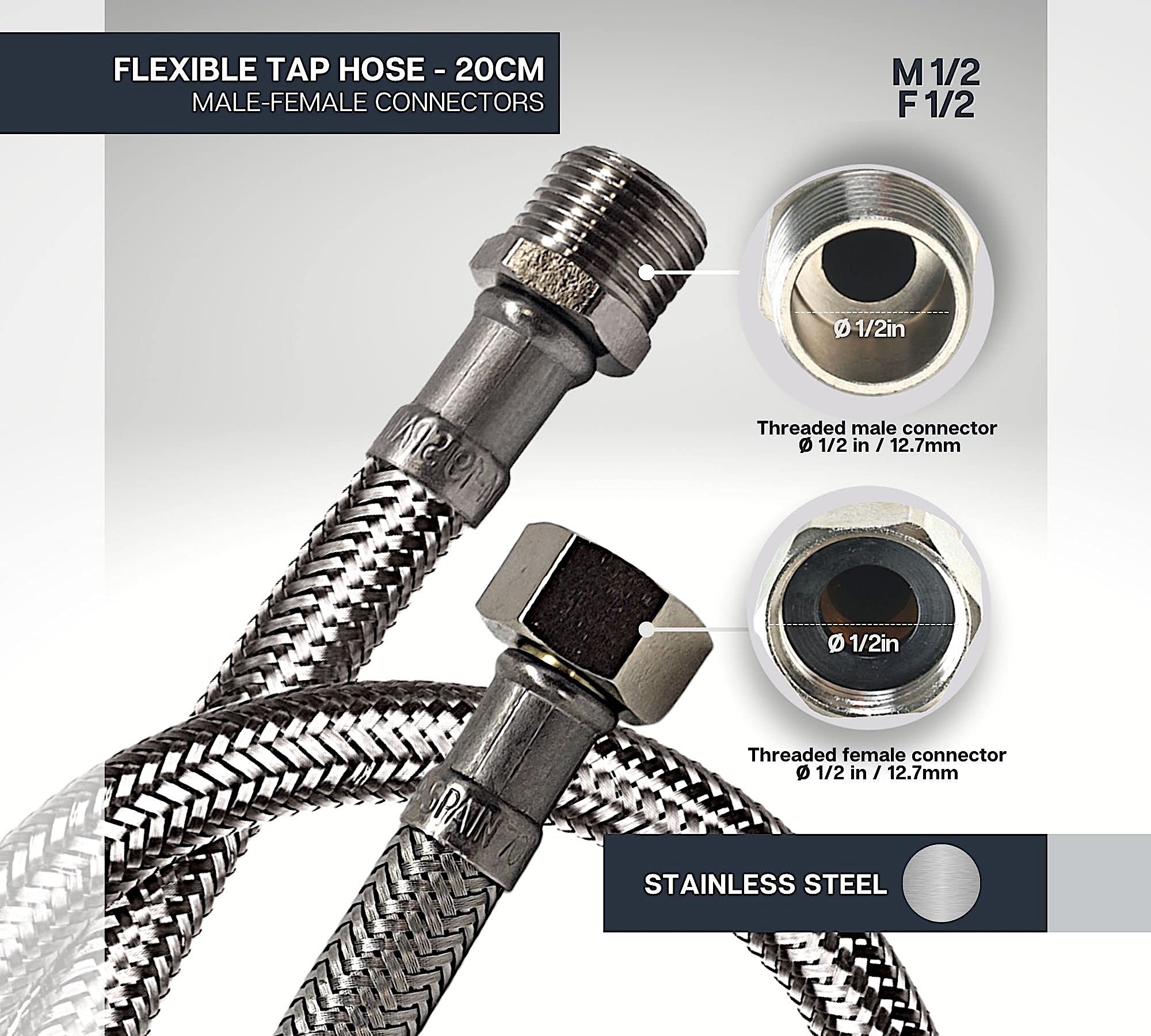 DOJA Industrial | Tubo Flessibile Rubinetto | PACK 2 | Maschio/Femmina | M 1/2" - F 1/2" | 20 cm di Lunghezza | Tubo Doccia Acciaio Inossidabile e Multiuso: Soffione Doccia, Cucina e Bagno