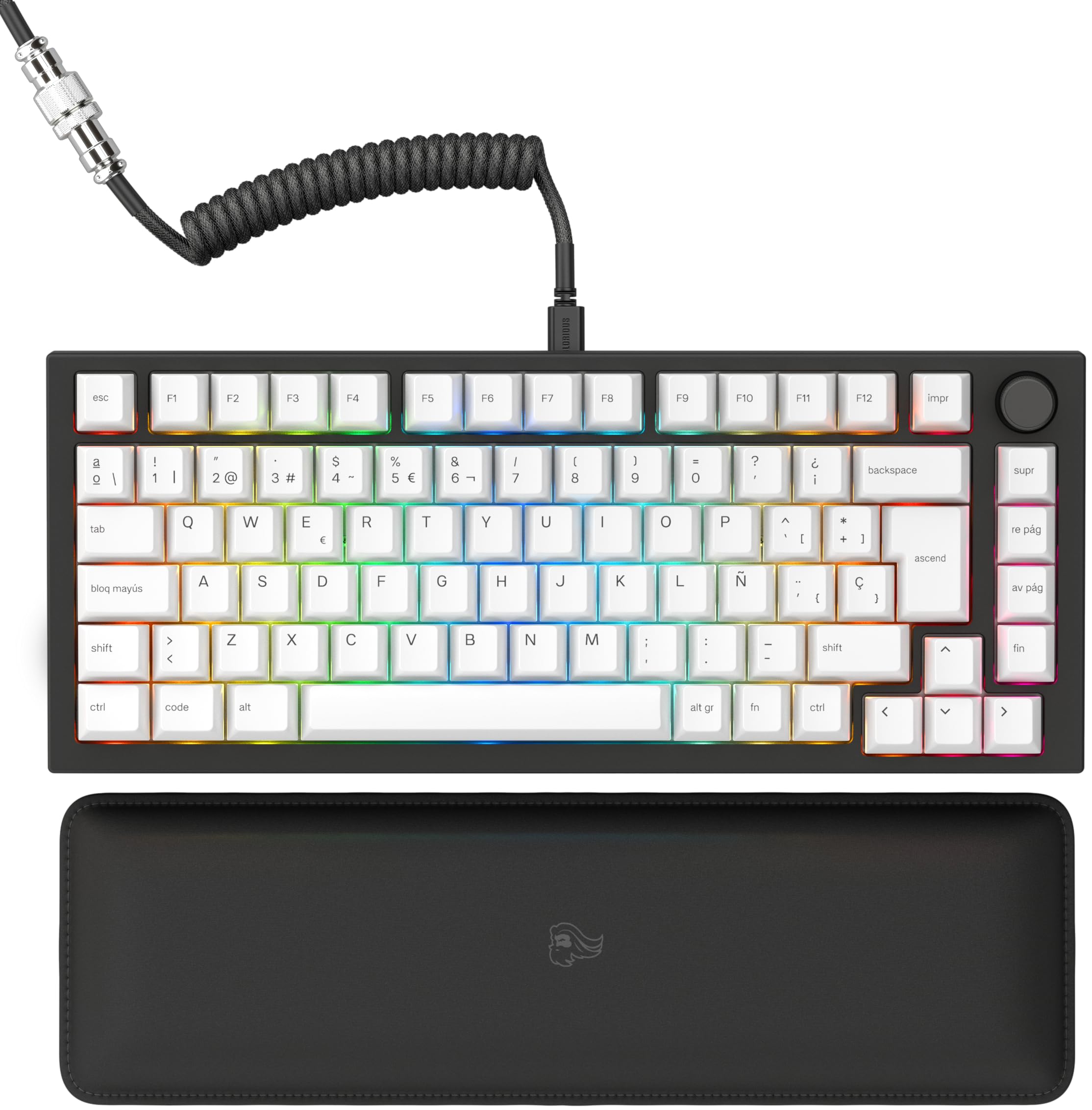 GLORIOUS Gaming GMMK PRO 75Percent - Modular Mechanical Gaming Keyboard, TKL Size, 1.5kg Frame, Customisable, Fox Switches, Coiled Cable, Wrist Rest, White PBT Keycaps, Spanish QWERTY Layout - Black