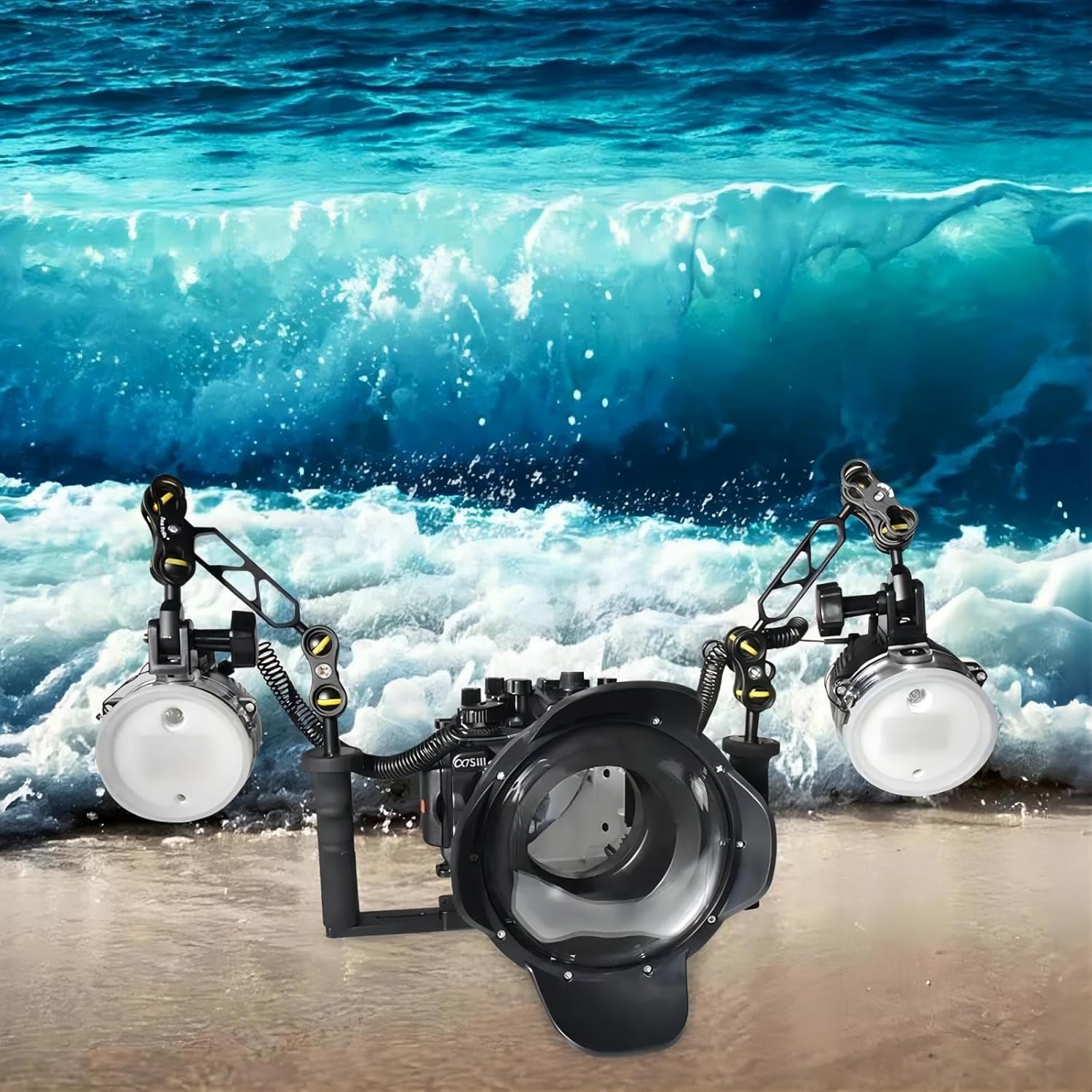 Seafrogs SF-01 Underwater Lighting Strobe Kit. Includes 2X Strobes, 2X Float Balls, 4X Extension Bars, 1xOptical Fiber Cable, 1x Aluminium Tray for SeaFrogs housing with Fiber Optic Port