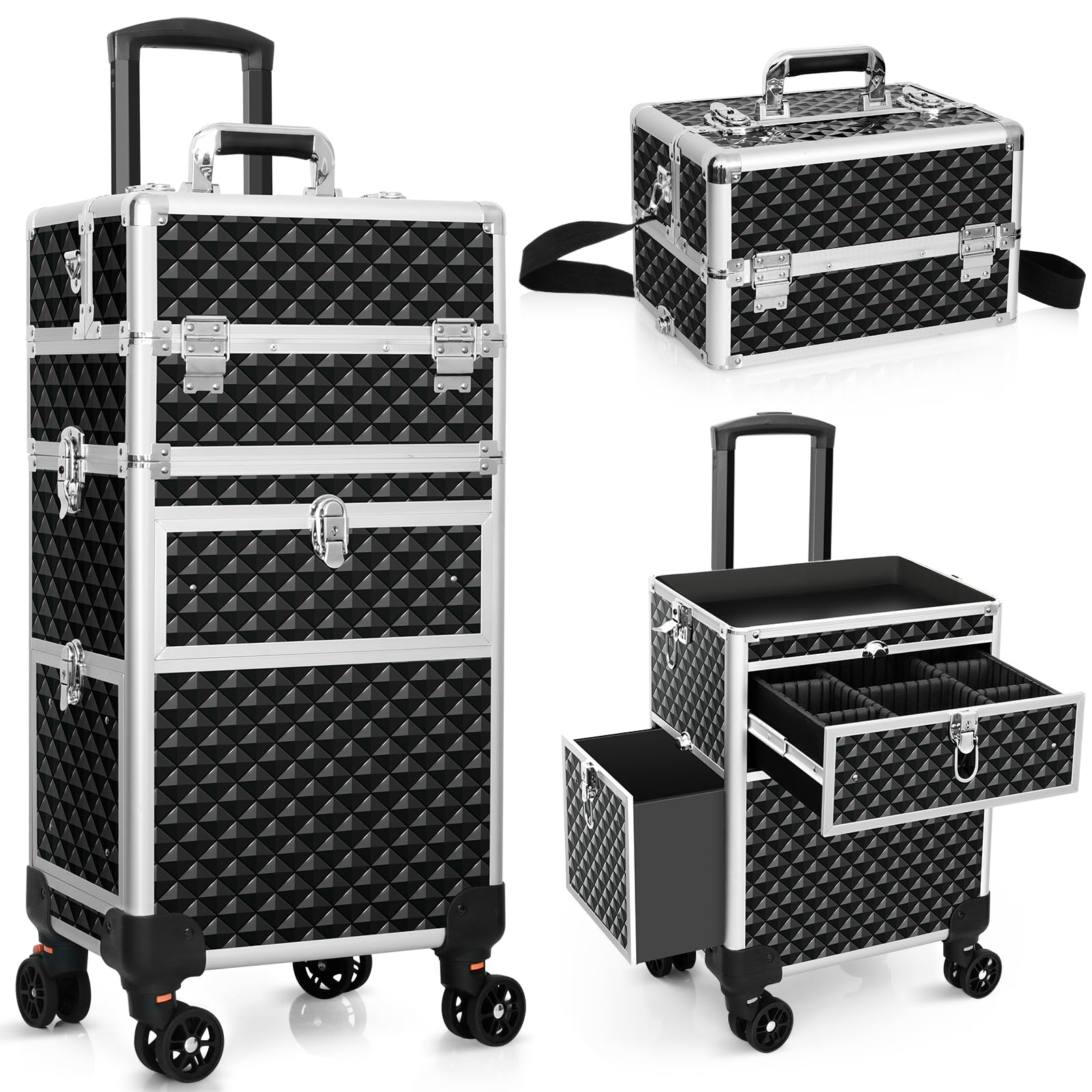 Professional Rolling Makeup Train Case, Multi-functional Cosmetic Trolley with 360° Swivel Wheels Keys, Large Storage Traveling Cart Trunk, Cosmetic Train Cases for Nail Technicians Hairstylist