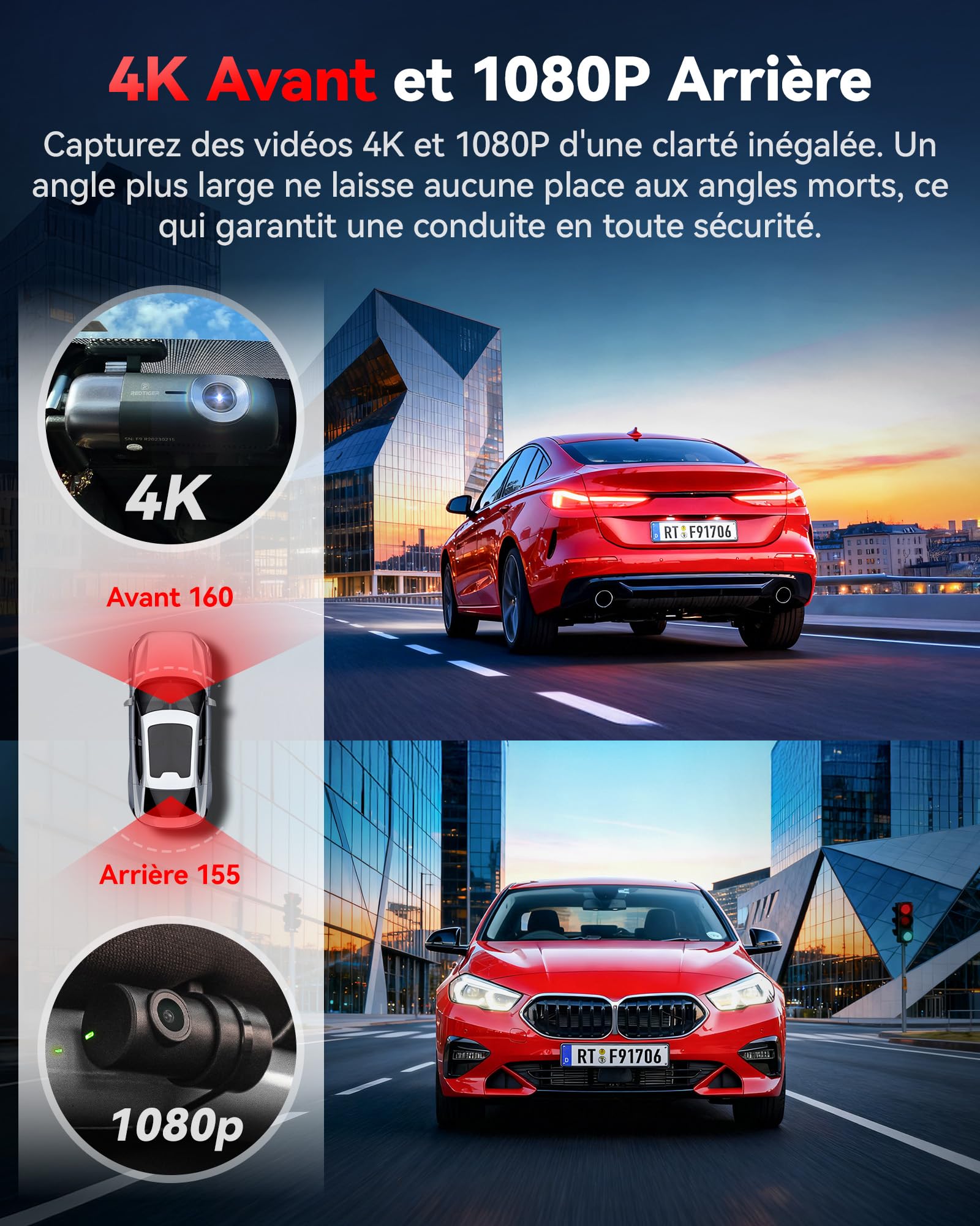 REDTIGER Dashcam Voiture avec WiFi 5 GHz, 4K+1080P Avant et Arrière, GPS | Enregistrement en Boucle, Vision Nocturne, Surveillance du Stationnement, Contrôle Via Application (F9)