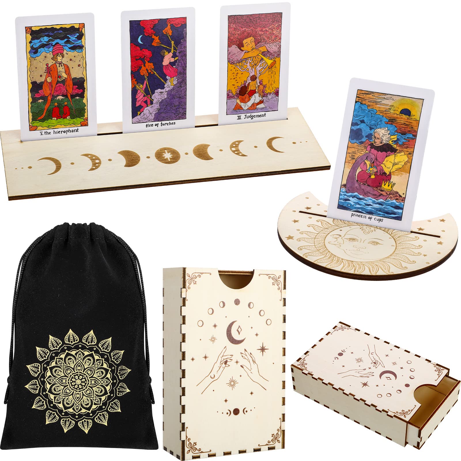 Amazon.com: 4 Pcs Wooden Tarot Card Case Wooden Tarot Card Stand Holder Tarot  Cards Velvet Bag Tarot Cards Box with Pendulum Board Moon Shape and  Rectangle Tarot Card Altar Stand for Wiccan