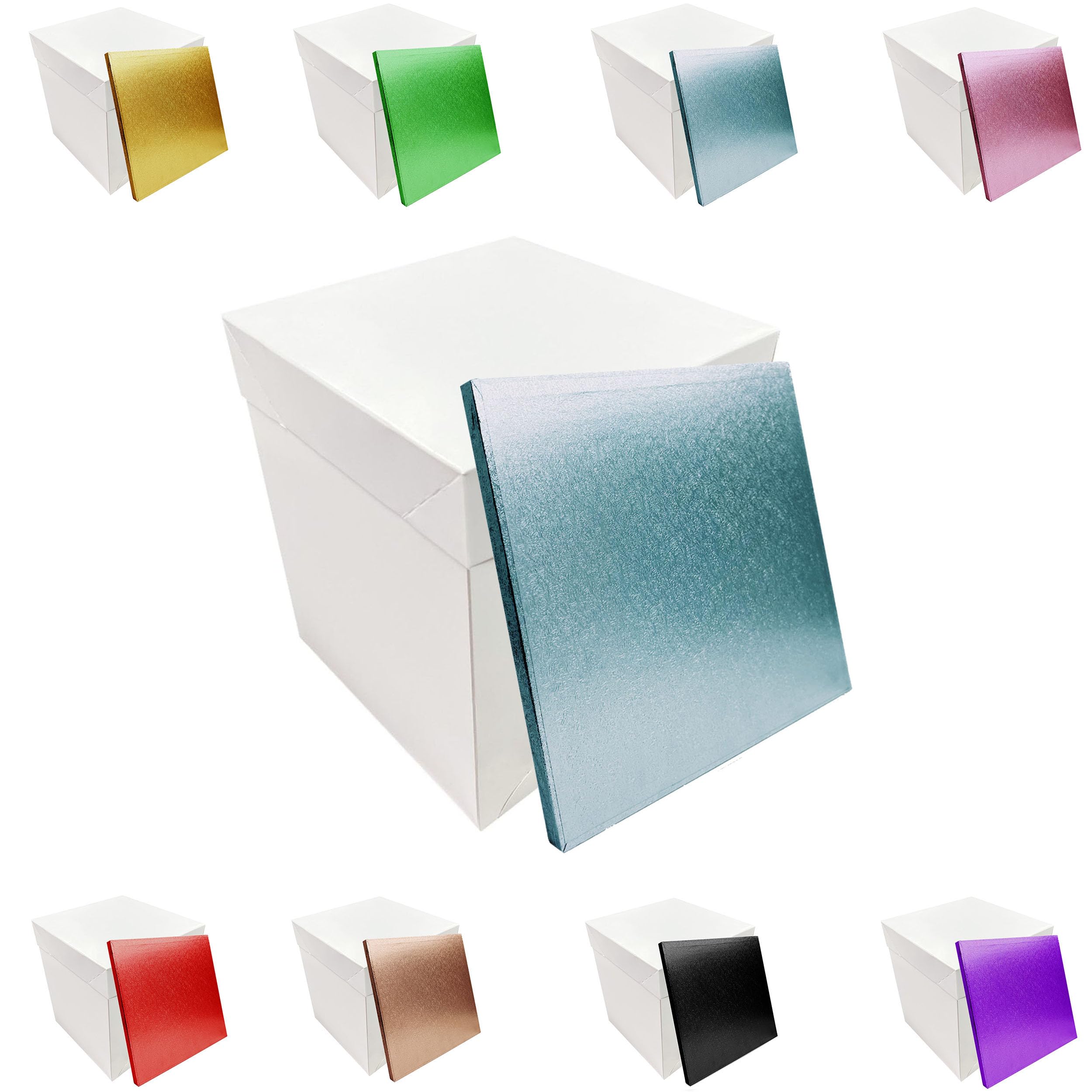 LARRYROO Tall White Extra Deep Cake Box + Lid & Square Colour Cake Drum Board Combo Pack for High Celebration, Wedding, Birthday Cakes (Light Blue, 8 Inch)