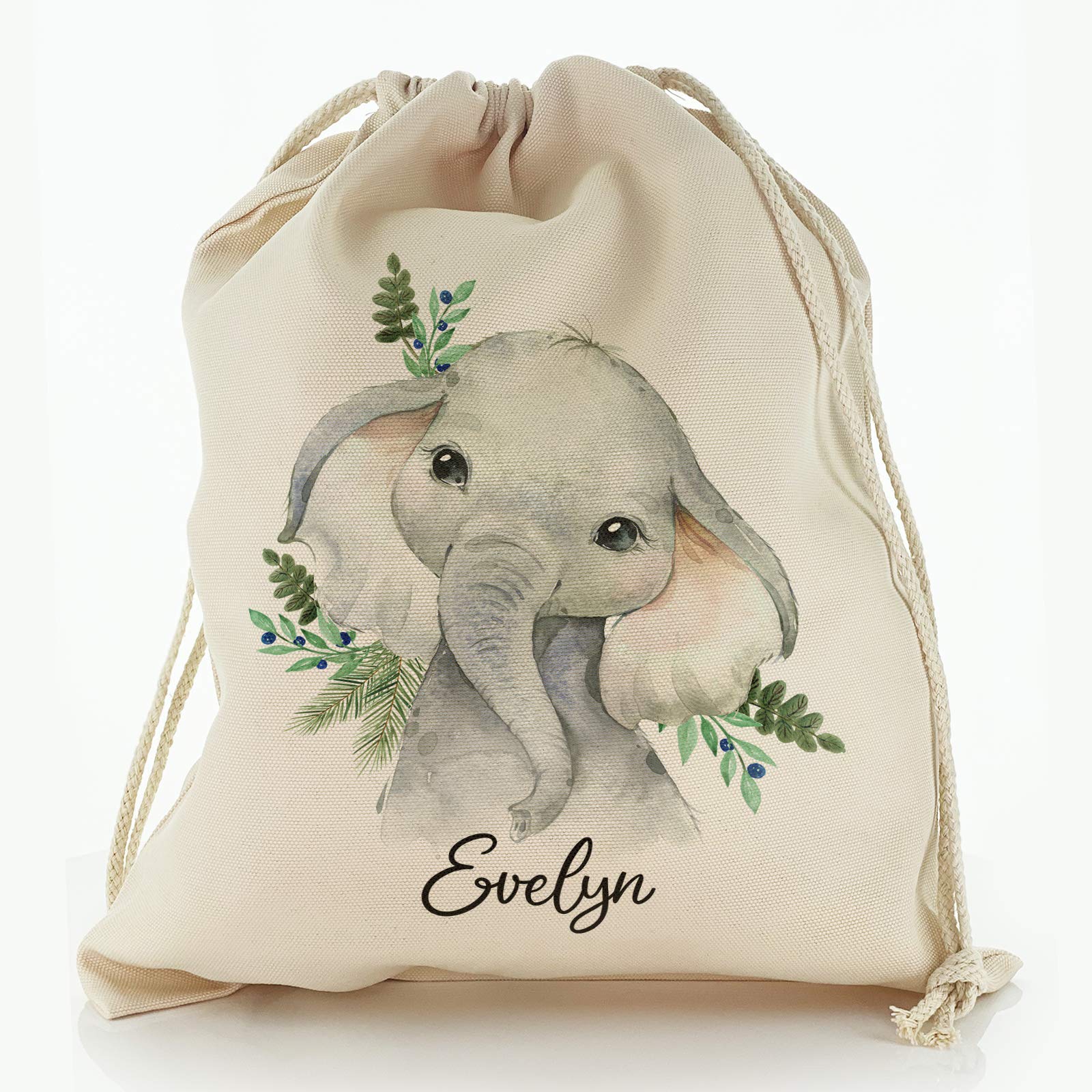 Personalised Bag, Birthday Gift Bag Customised with Initial/Name/Text, Elephant Blue Berry Design, Storage Bag, Drawstring Top Sack, Sizes: XXS, XS, S, M, L, XL