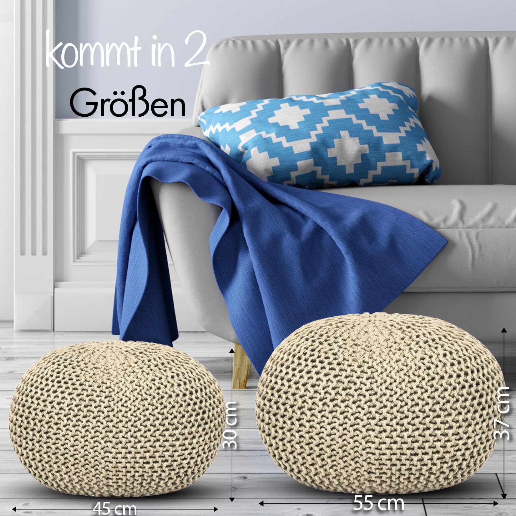ELYFLAIR® Premium Zitpoef, waterdicht, 55 cm of 45 cm, poef voor buiten en binnen, kruk in grof gebreide look voor tuin, terras, zwembad, 100% gerecyclede kunststof (crème, diameter 55 cm