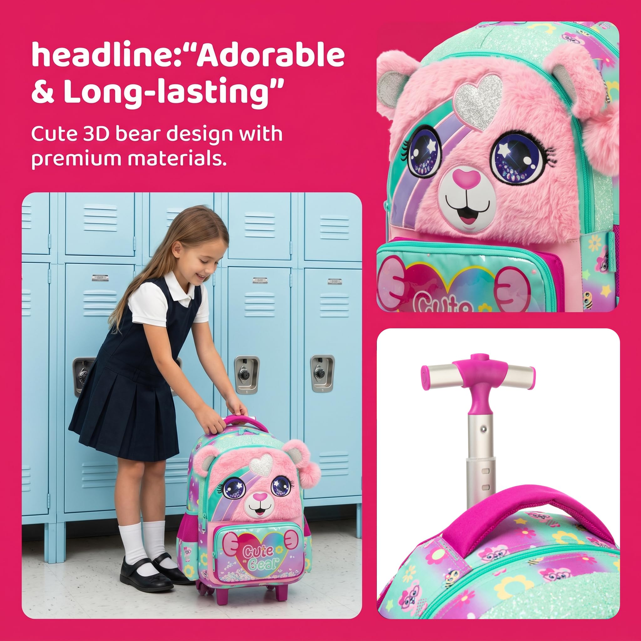 Sac a Dos Roulette Fille Enfant Cartable Cabine Primaire Valise École Maternelle Sacs à D'école pour Voyage de Bagages Ensemble Adolescents Étudian Poches Dégradé de Rose Ours