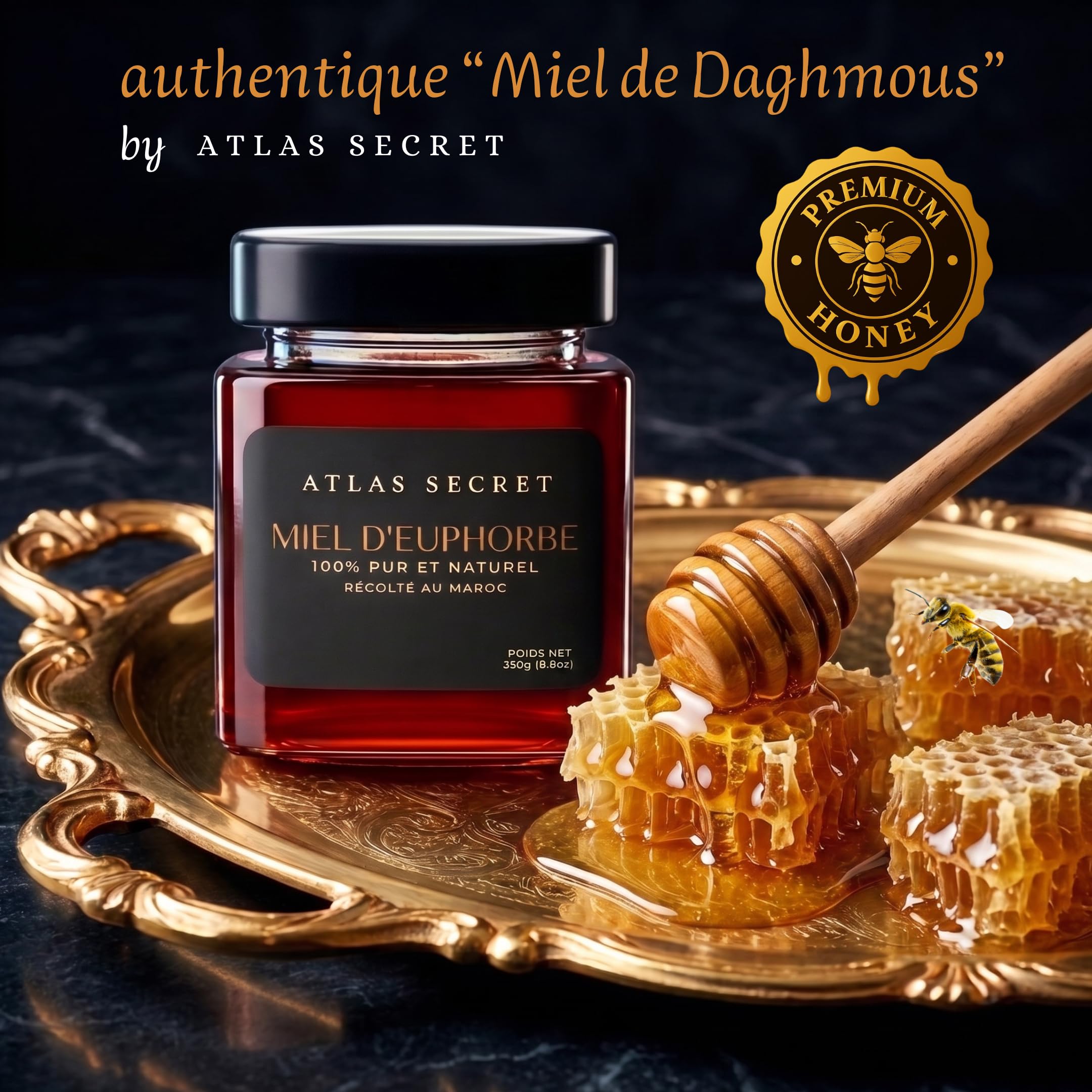 Miel de Daghmous (Euphorbe) 100% pur et naturel, récolté au Maroc, rare et authentique, fabrication traditionnelle, savoureux et intense, nombreuses vertus (maux de gorge, estomac, asthme, tension...)