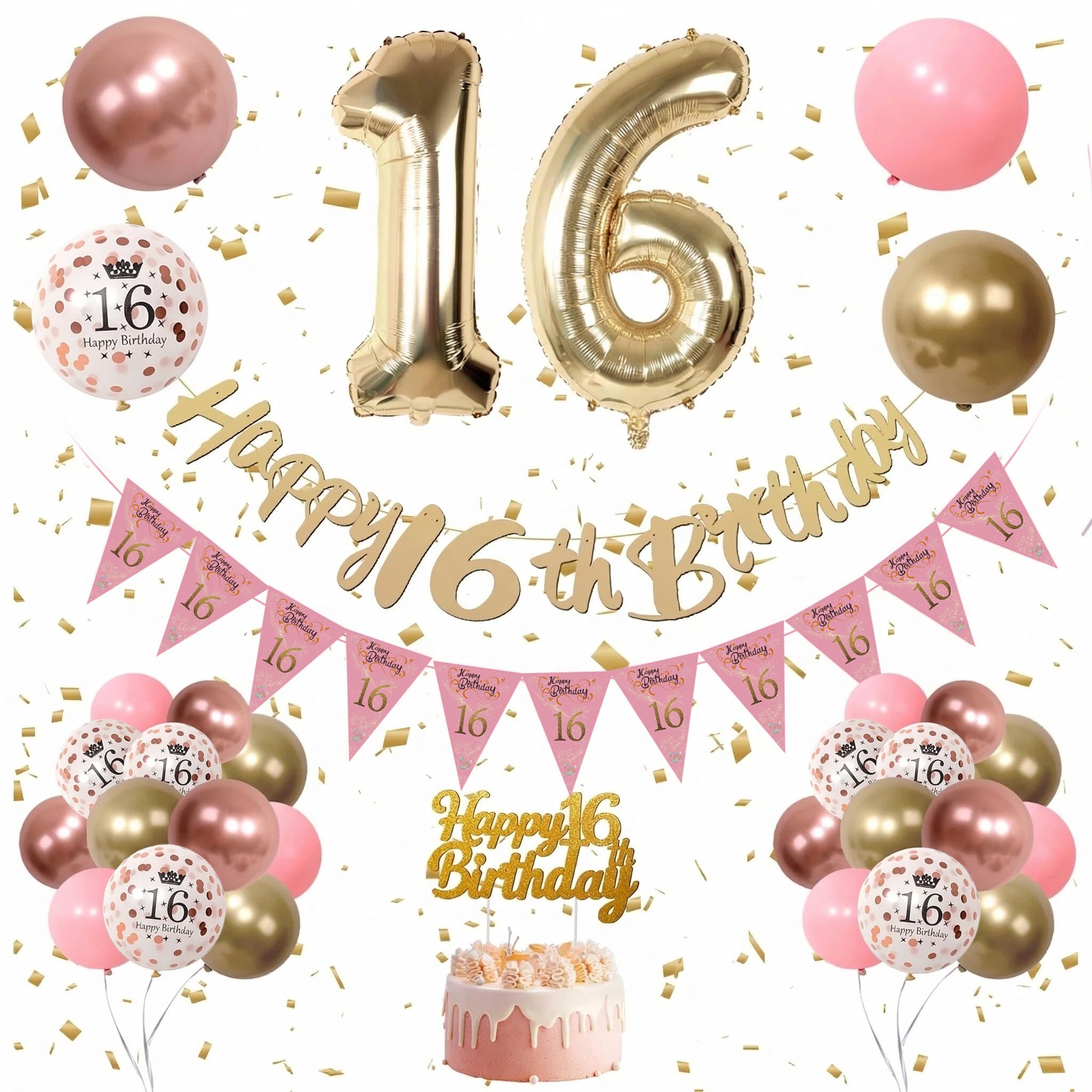 Kradeler 16th Birthday Decorations Set, Retro Pink & Gold, Balloons, Banners, Cake Topper , Foil & Confetti, Adults, Women , Birthday Occasion