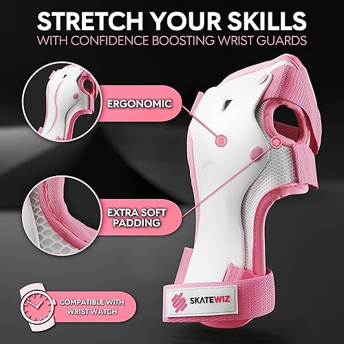 Miniatura 4 de SKATEWIZ Almohadillas de patinaje para niños de 8 a 14 años - Smash - Tamaño ML en rosa y blanco - Rodilleras para patinaje de ruedas para niños -