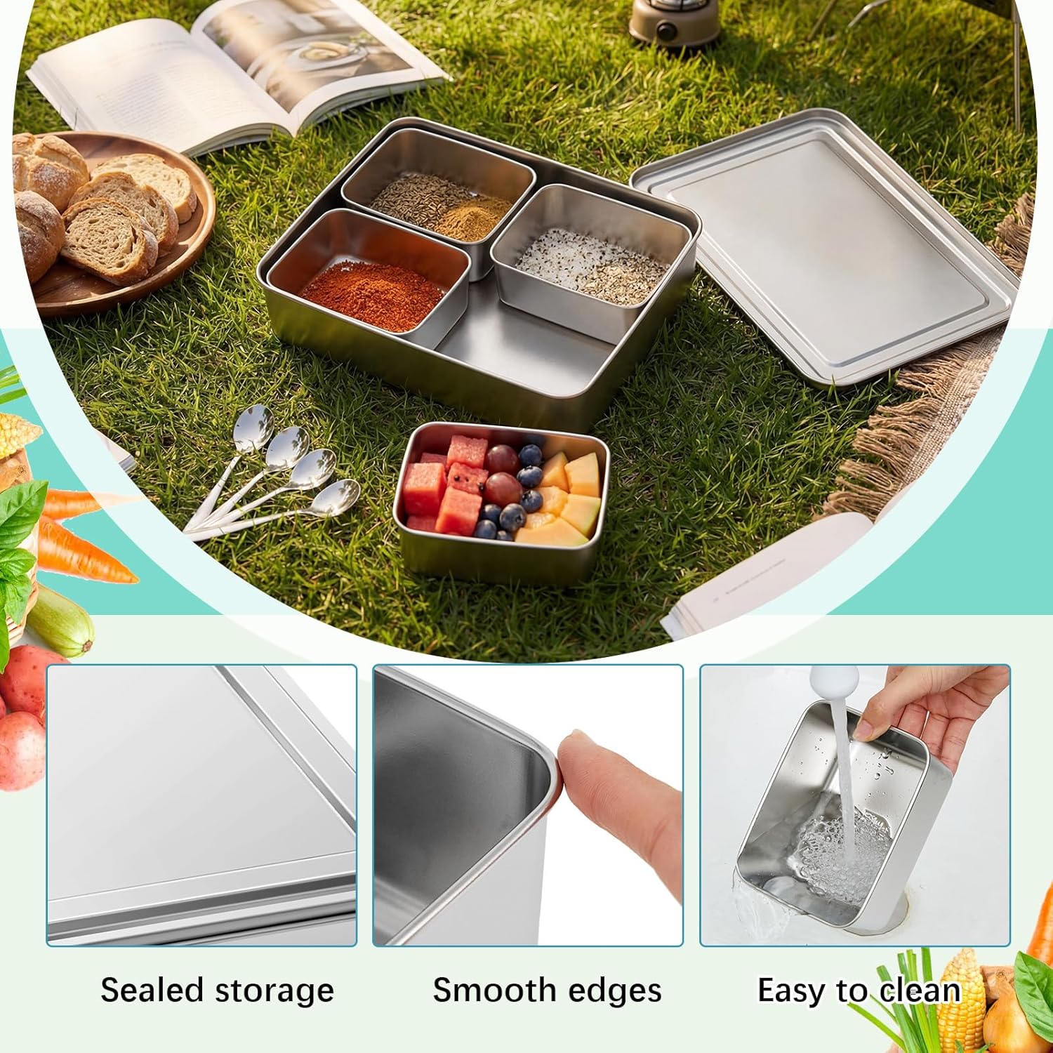 Boao 304 Yakumi Pans Stainless Steel Seasoning Condiment Container with Lids Spoons,Japanese Yakumi Pans Mini Sauces Salad Dressings Storage for Food, Herbs, Spices(4 Compartment) - Image 3