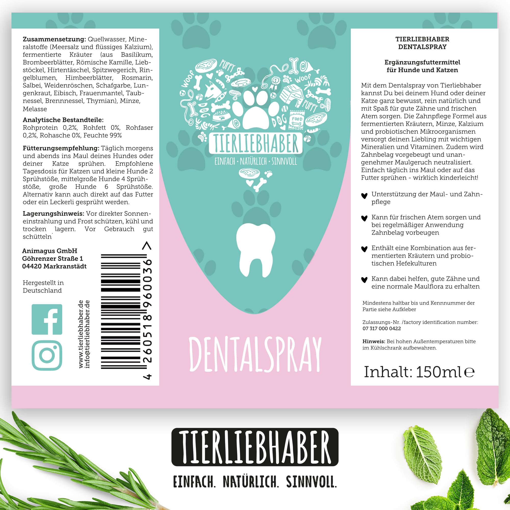 TIERLIEBHABER Dentalspray für Hunde Zahnpflege – Mit Tierärzten entwickelt – Zahnpflege Hund 100% natürlich – Schonende Zahnreinigung Hund Zahnpflege – Gegen Zahnstein Hund Mundgeruch & Zahnbelag