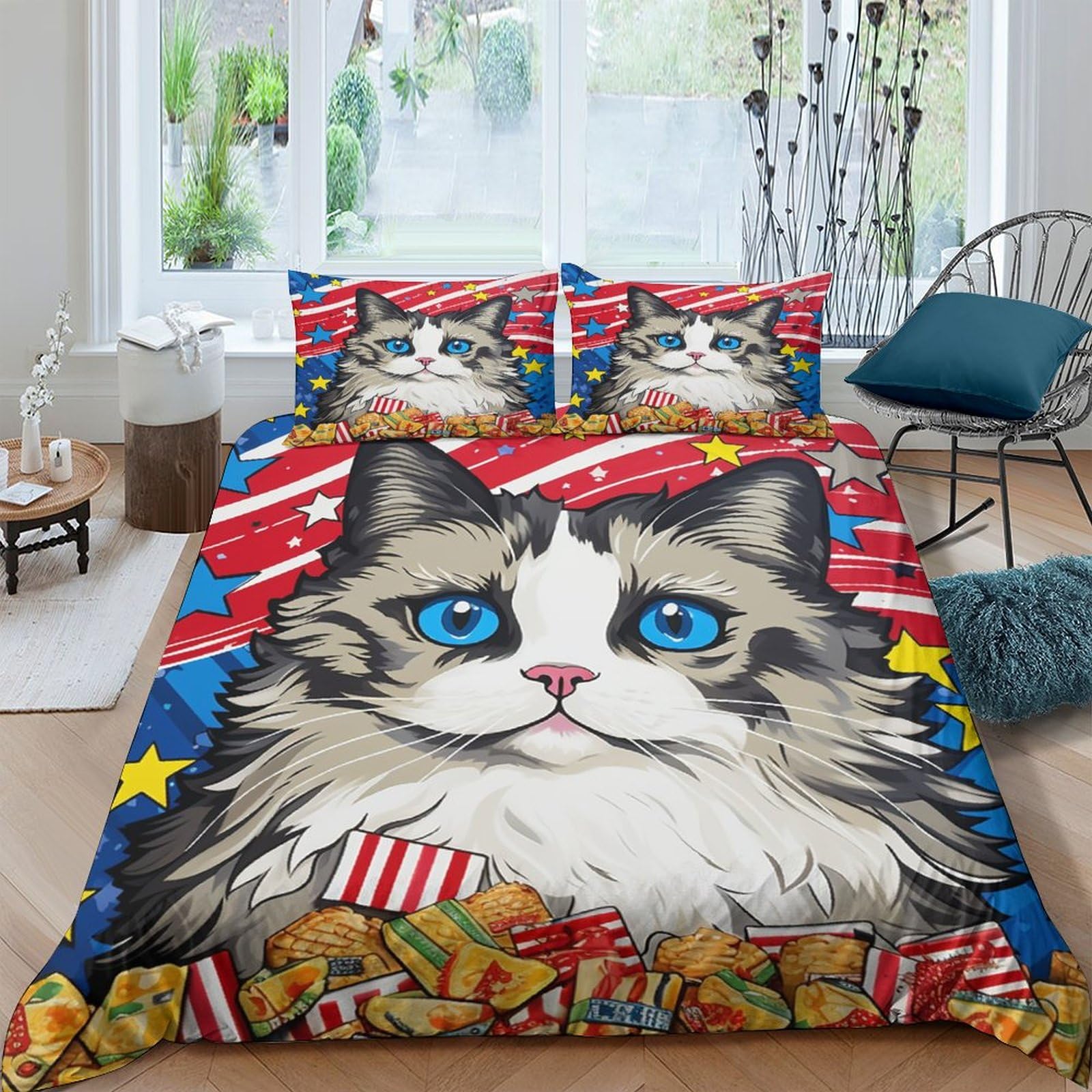 Housse de couette chat et chips pour chambre d'enfant et ado amusante 3 pièces King 220x240