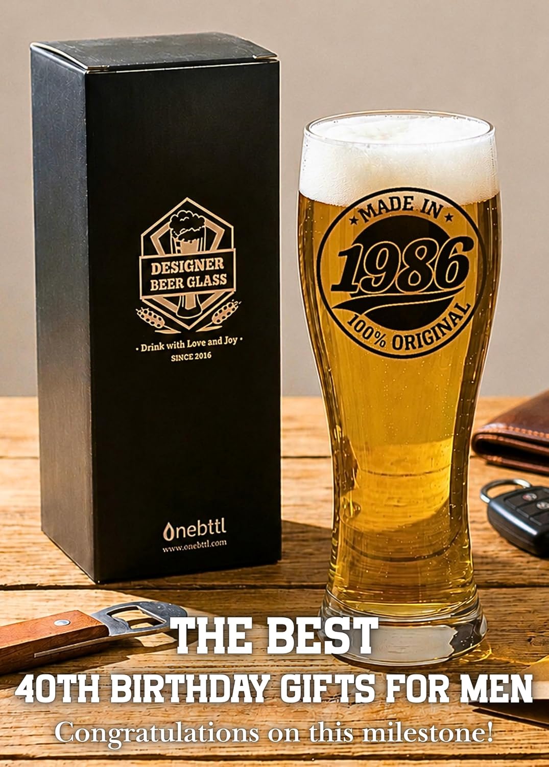 Onebttl 40th Birthday Gifts for Men, Beer Glass 15oz, 1986 Pint Glass, Funny 40 Year Old Gift Ideas for Him Dad Husband Brother Friend, Made in 1986 Beer Lover Party Present
