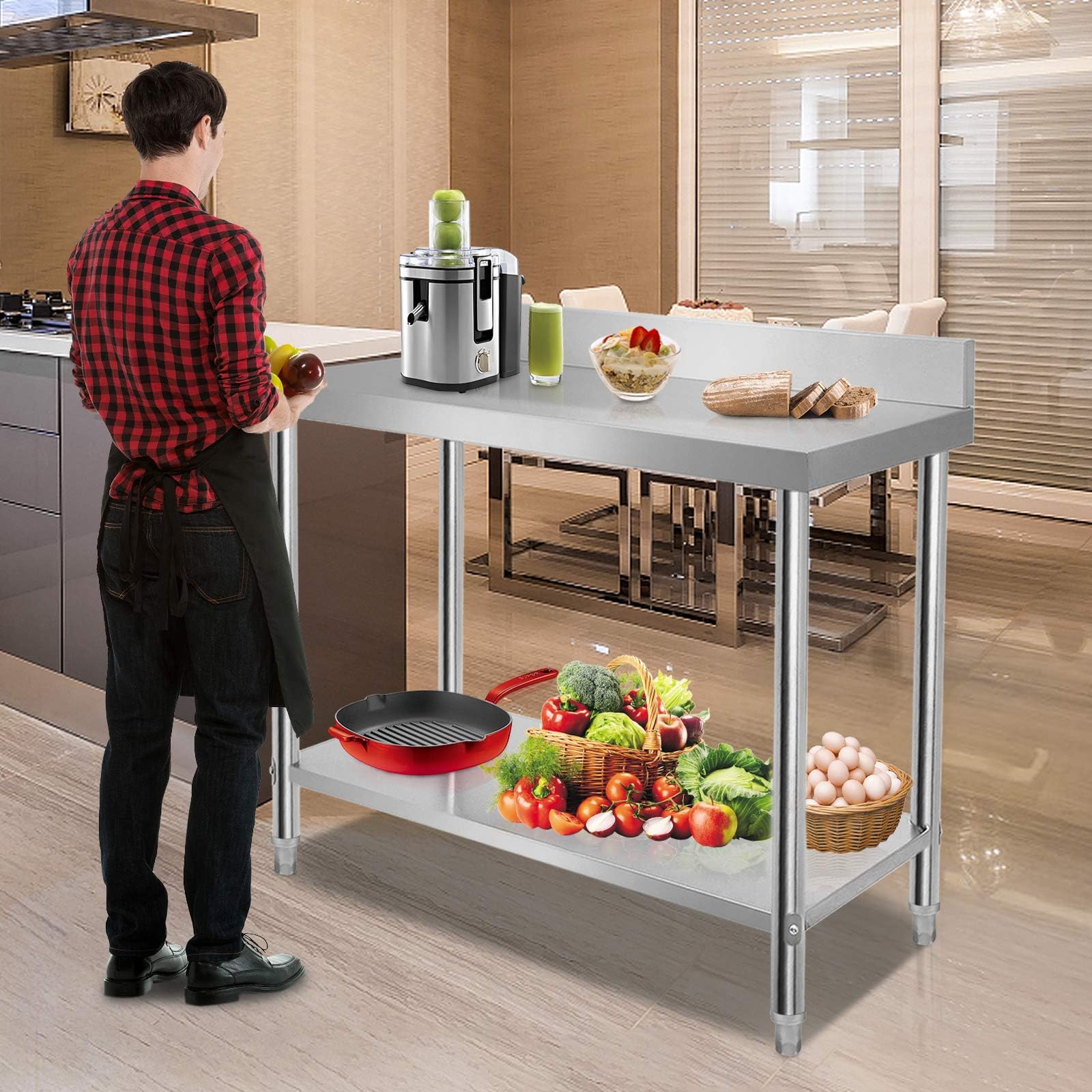 ACXIN Tavolo da lavoro in acciaio inox con piedini regolabili in altezza e grande ripiano inferiore da cucina, tavolo da lavoro per la preparazione degli alimenti, 100 x 60 x 85 cm, argento (con