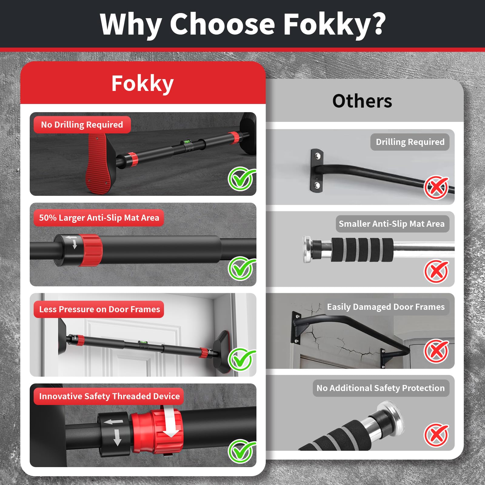 Fokky Barra de dominadas para puerta, barra de dominadas, barra de dominadas, capacidad de carga de hasta 250 kg, barra fija sin tornillos, 74 – 97 cm, extensible, barra de dominadas para puerta con