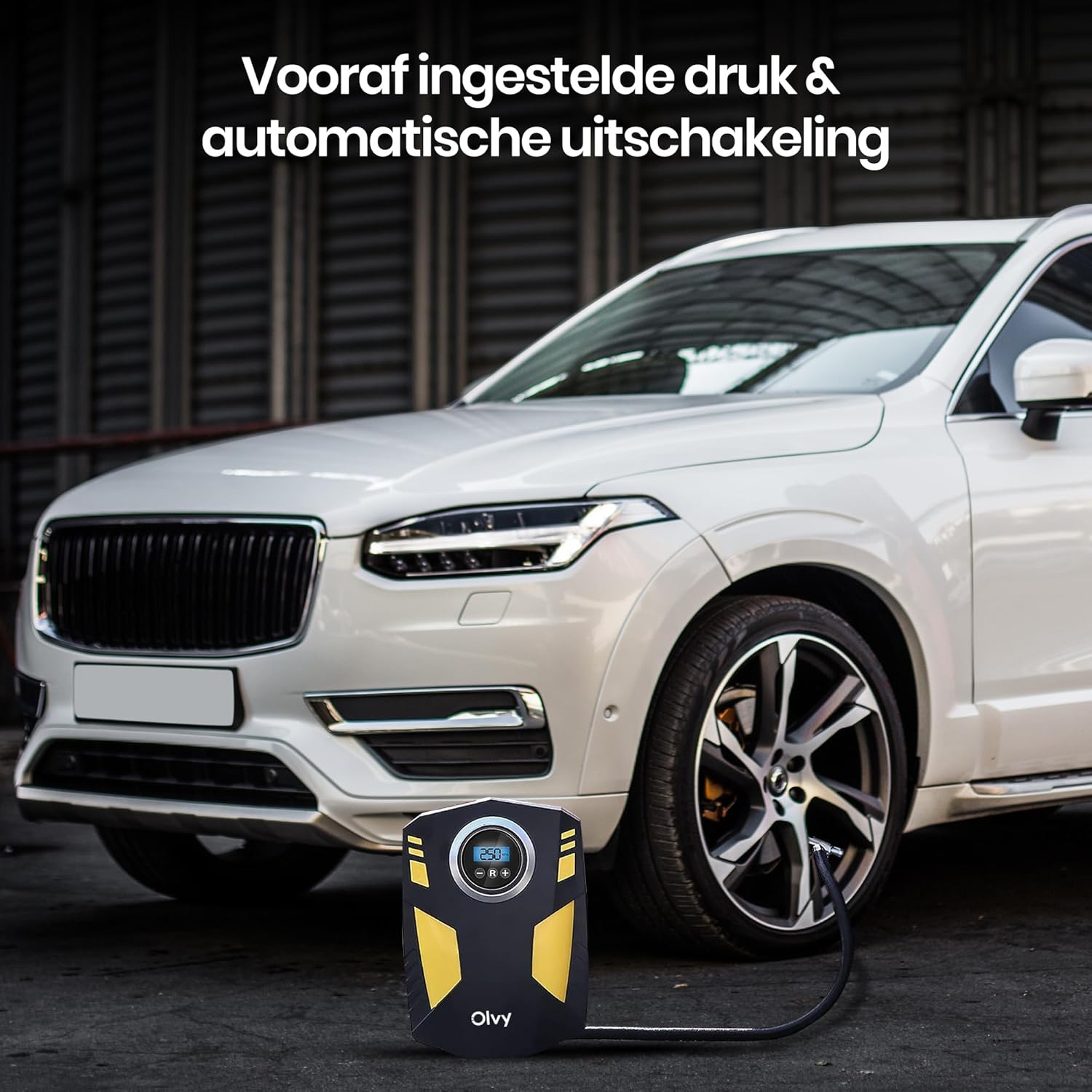 Olvy Electric Tire Inflator connected to a car tire, demonstrating automatic shut-off feature.