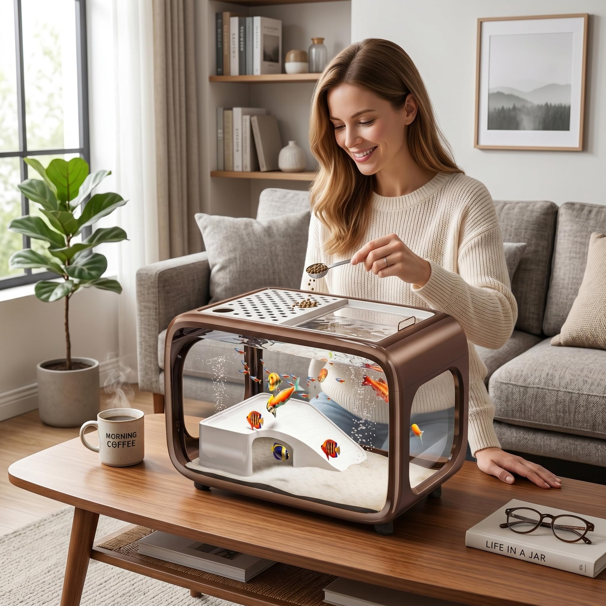 Pecera pequeña, pecera Betta Transparente con Orificio de alimentación y Tapa, Acuario de Escritorio con Marco para trepar.