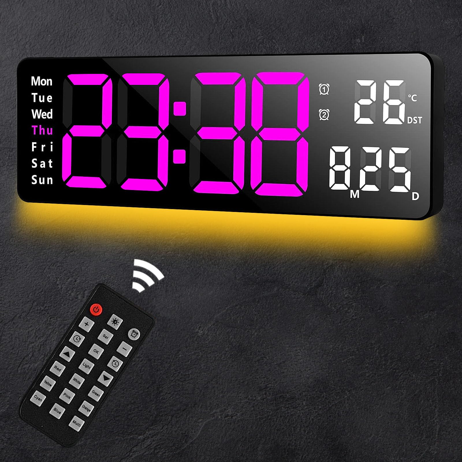 Aisny Horloge Murale Digitale, 16" Horloge Numérique LED con 8 Colores RGB Luces Nocturnas Grande Horloge Murale con Control Remoto Temporización Cuenta Regresiva Fecha Semana Temperatura