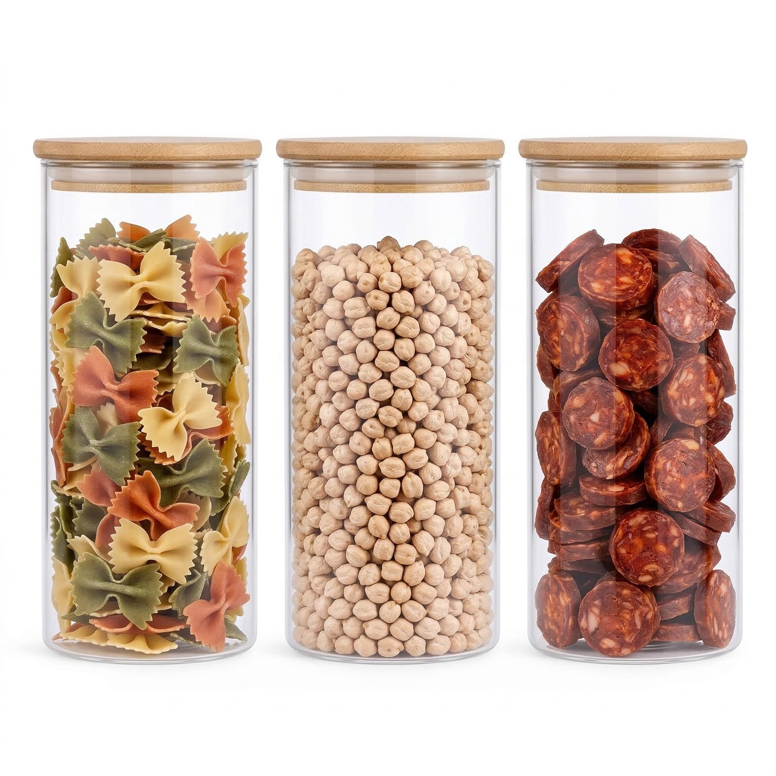 CROWNSHOP Set of 3 Large Glass Storage Jars with Lids Airtight Spaghetti Pasta Storage Container Kitchen Containers Clear Food Storage containers for Spaghetti Pasta Oats Cereal Rice (0.85L 3PCS)