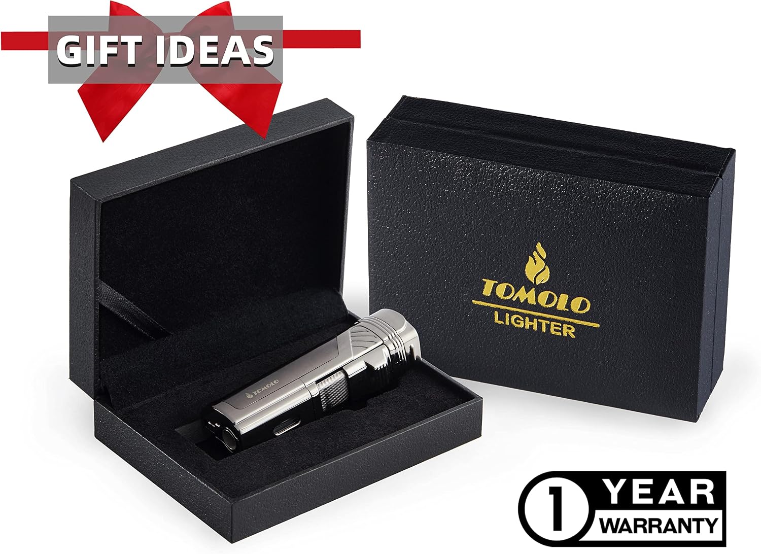 TOMOLO Torch Lighter Quadruple 4 Jet Flame Refillable Butane Cigar Lighter with Cigar Punch,Gift Box(Gunmetal)