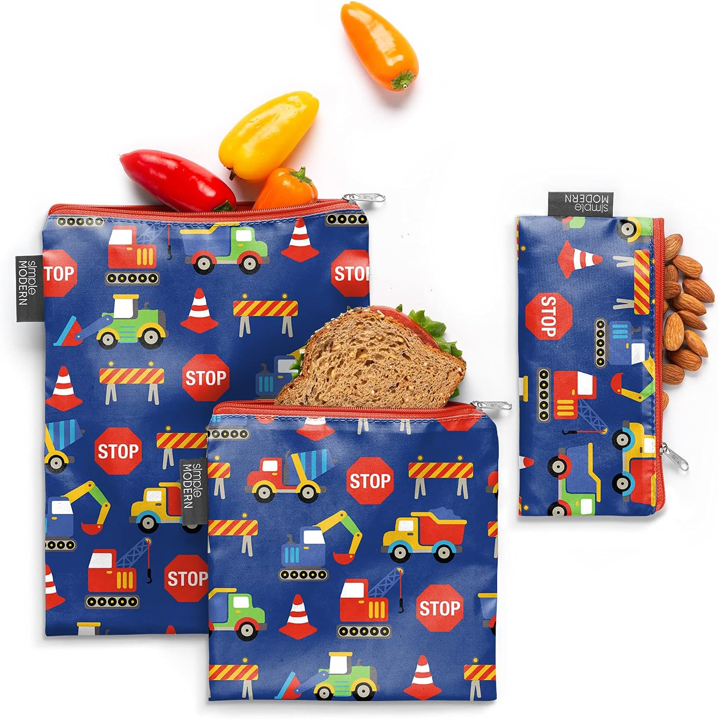 Simple Modern Reusable Snack Bags for Kids | Food Safe, BPA Free, Phthalate Free, Polyester Refillable Sandwich Bag | Ellie Collection | 3 pack | Under Construction
