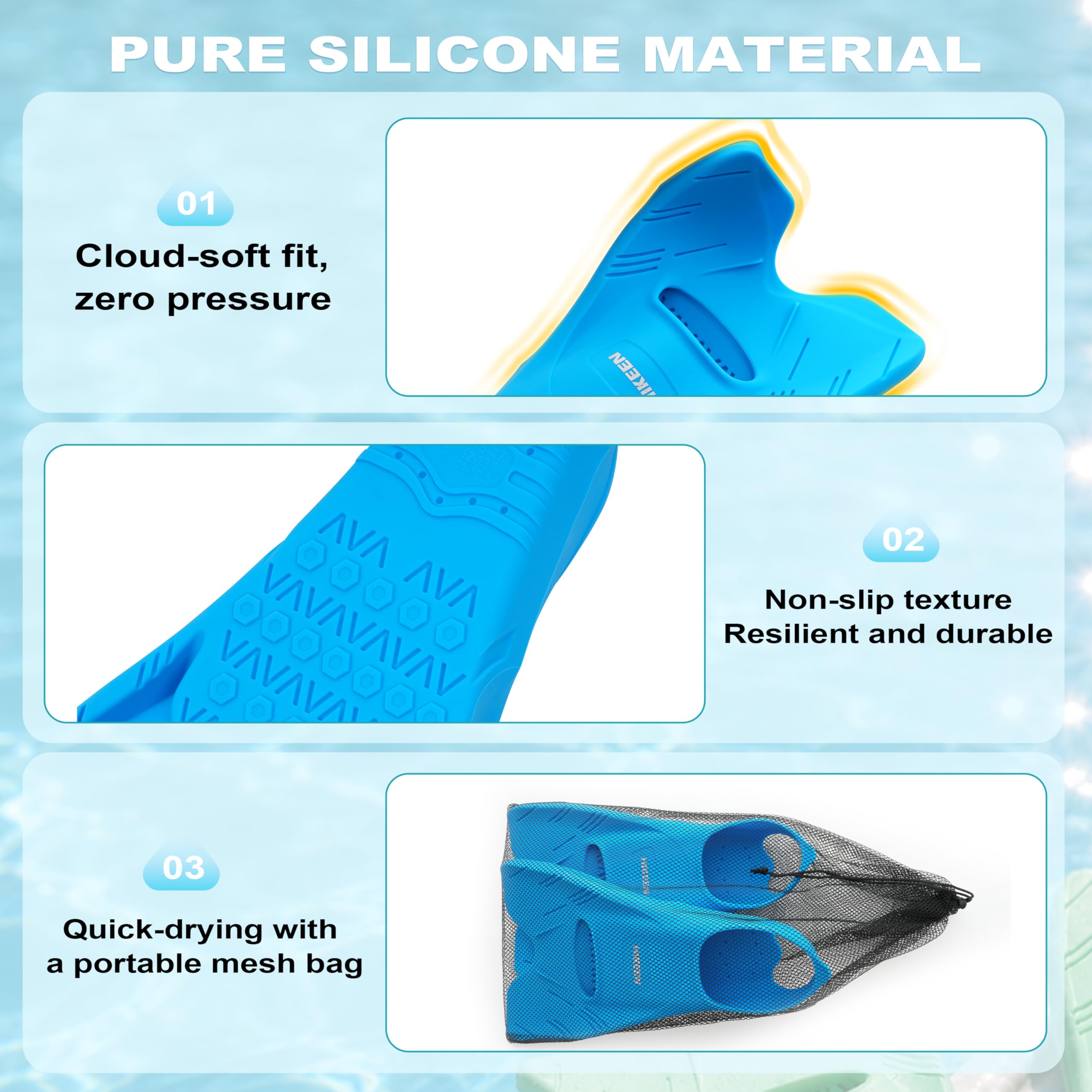 Boosteady Palmes d'entraînement de natation avec talon ouvert – Palmes en silicone à lame courte pour adultes et adolescents, design à faible résistance avec drainage des orteils, sac de transport en