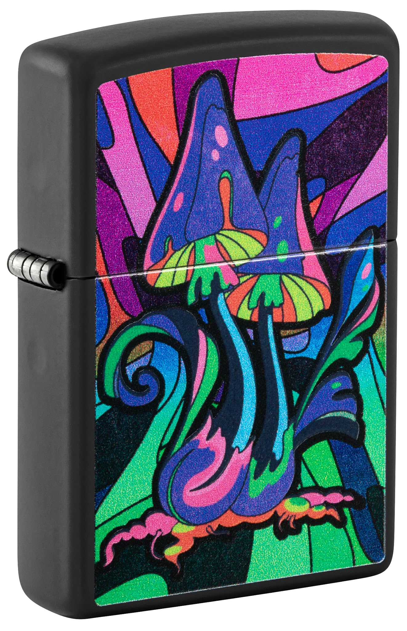 Zippo - Briquet Tempête Motif Champignons Psychédéliques Et Galaxie/Contre-Culture, Noir Mat, Lumière Noire, Rechargeable, Réutilisable, Coupe-Vent, Coffret Cadeau, Fabriqué Aux États-Unis