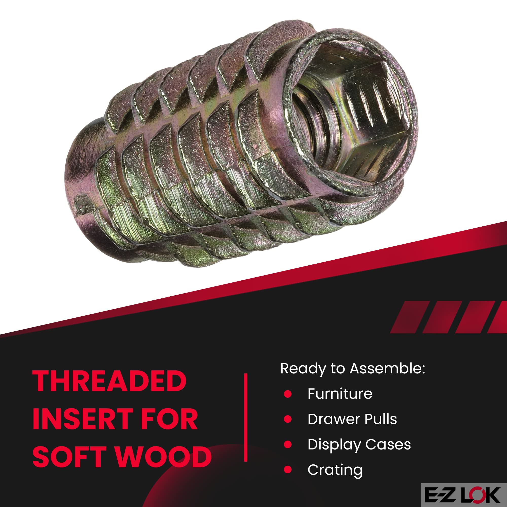 E-Z LOK Knife Threaded Insert for Soft Wood, Zinc Hex-Flush Thread Inserts 5/16-18 Internal Threads, 0.984