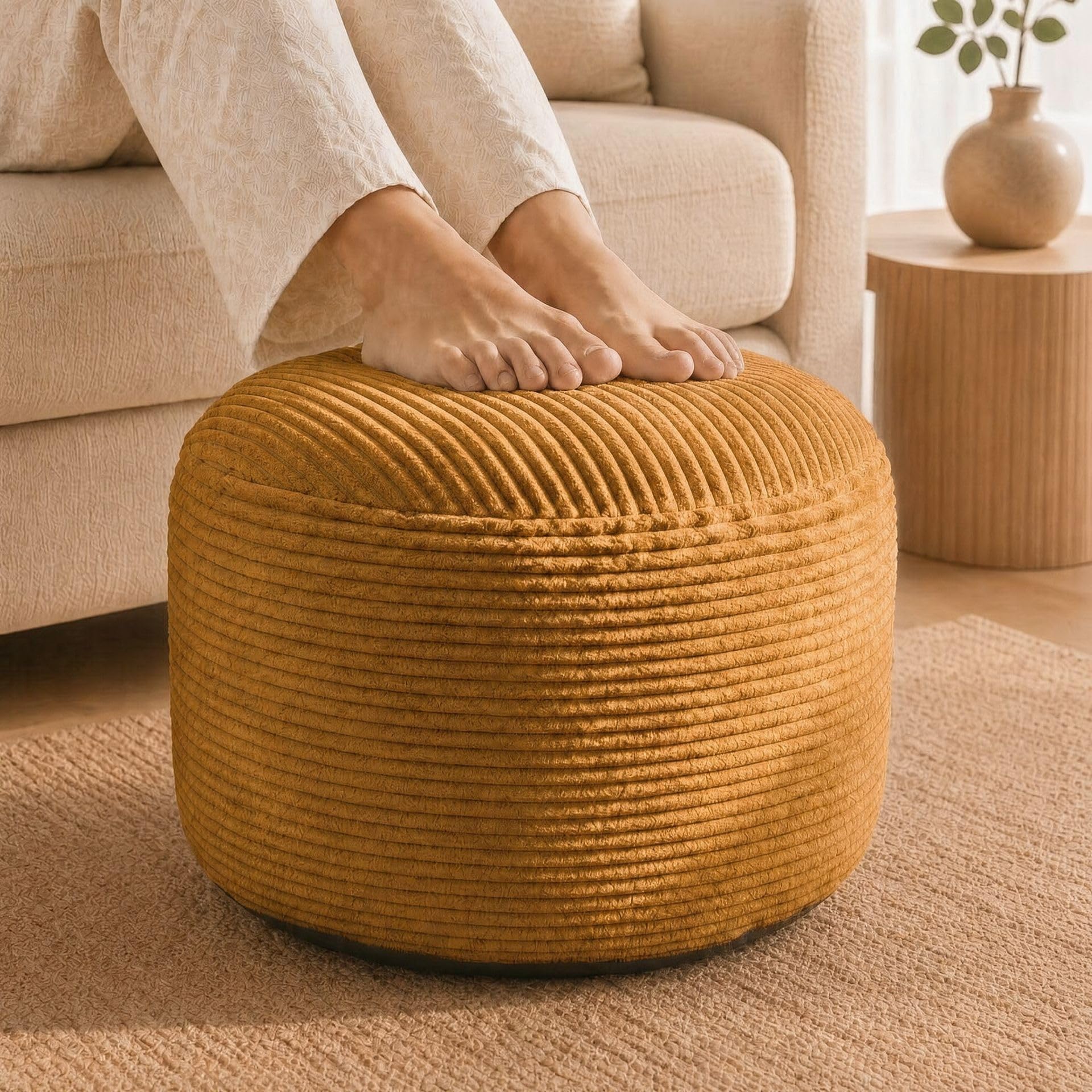 Stuffed Pouf Ottoman,Corduroy Foot Rest,Caramel Brown,20 Inch