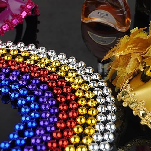 Miniatura 5 de Collares de cuentas doradas metálicas de 0.47 pulgadas, 15 cuentas de Mardi Gras de 33 pulgadas, collares redondos de cuentas a granel, collar de