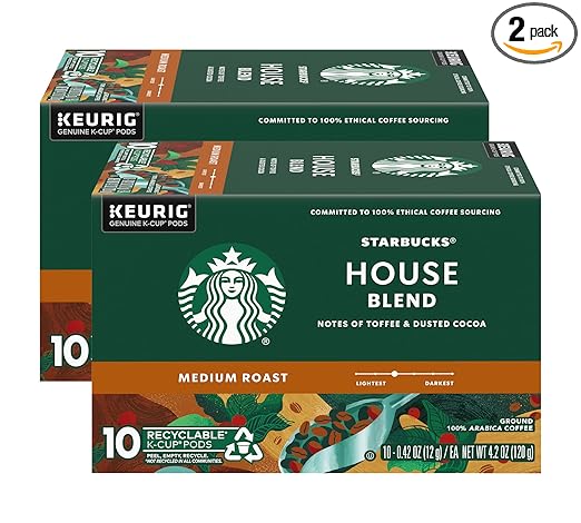 Starbucks House Blend Coffee K-Cup Pods, Medium Roast Arabica Coffee, 10 Count (Pack of 2 Boxes)