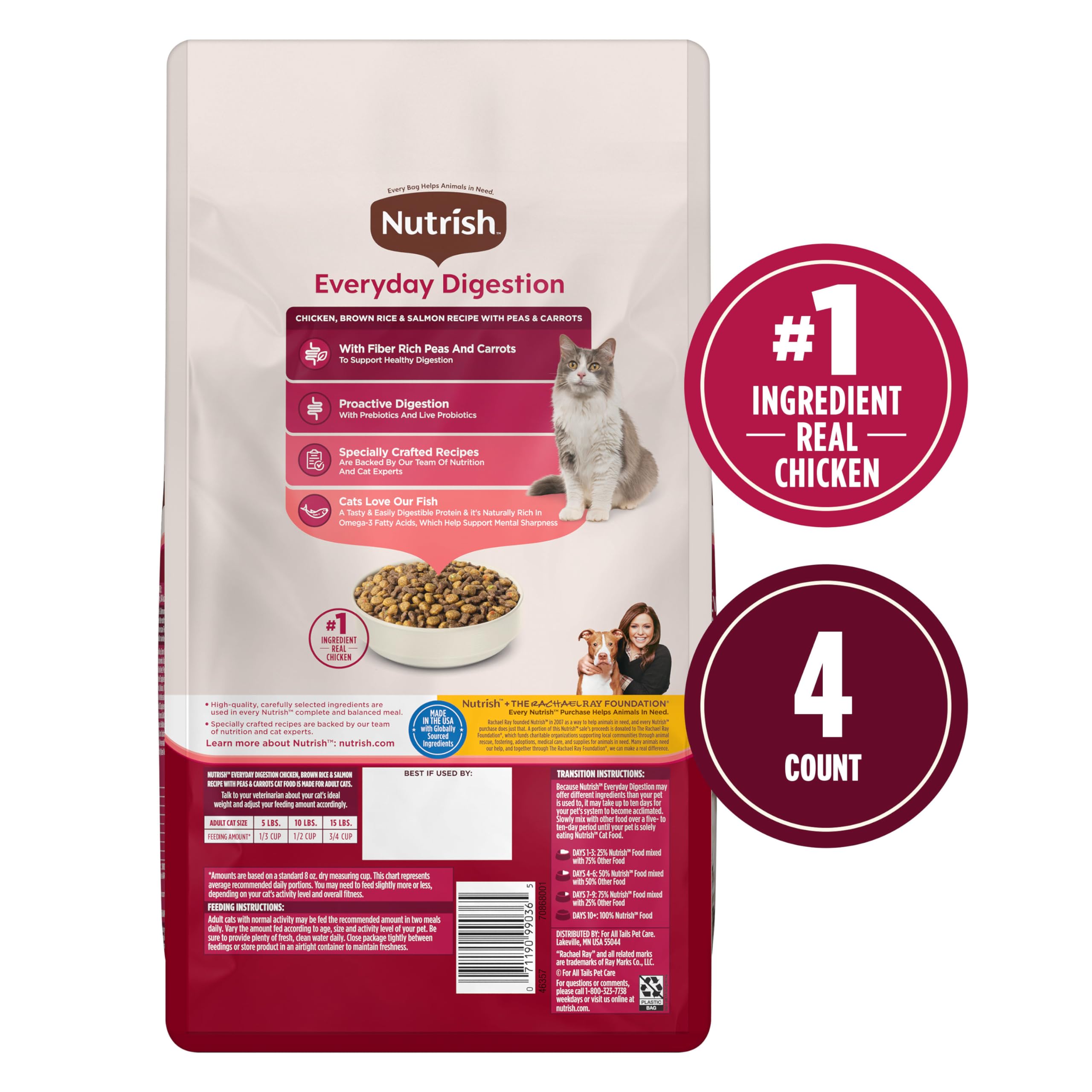 Nutrish Everyday Digestion Chicken Brown Rice and Salmon Recipe with Peas and Carrots Dry Cat Food, 3 lb. Bag, 4 Count, Packaging May Vary (Rachael Ray)