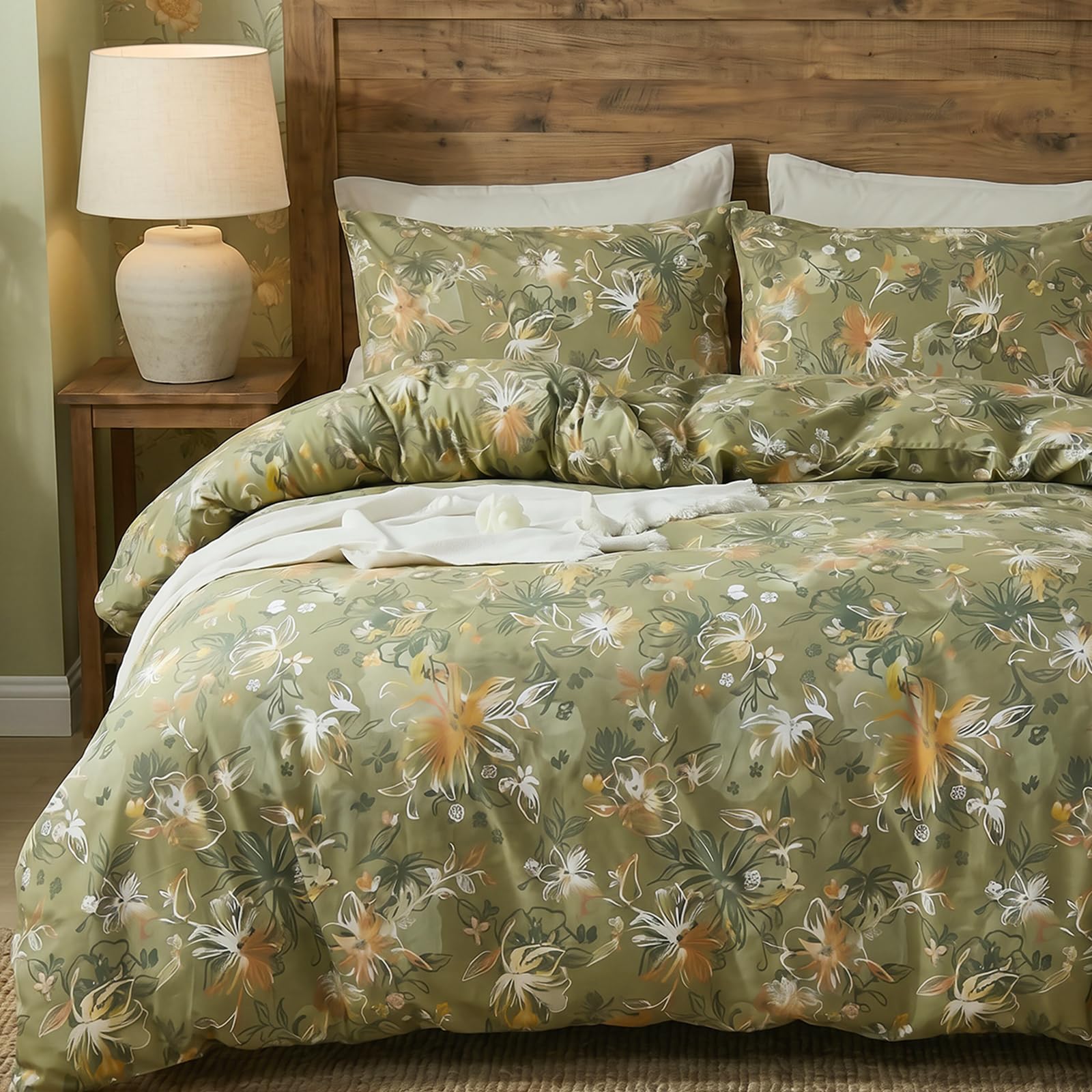 Herside 100% Cotton Duvet Cover Double Size โ Vintage Olive Green Floral Duvet Cover Set with Zipper Closure, 3-Piece Soft Breathable Natural Premium Cotton Bedding Set for All Seasons