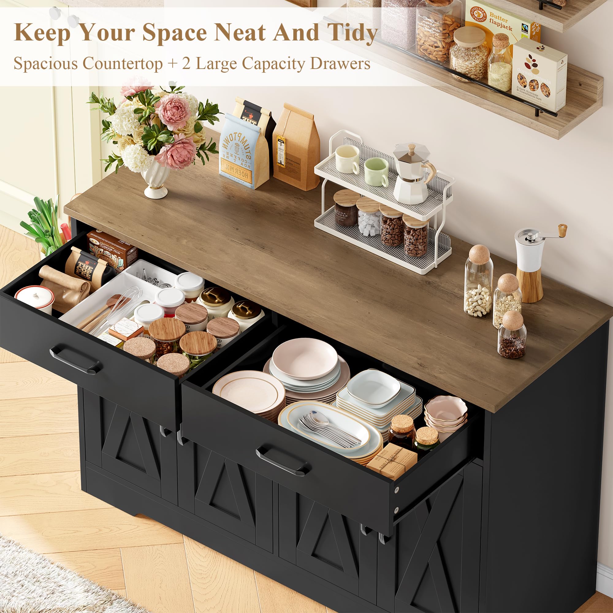 HOCSOK 120 cm Credenza Cucina, Mobile Cucina con 2 Cassetti e 4 Armadi，Buffet Mobile Moderno, Credenza Soggiorno, Mobile per Cucina Ingresso Foyer, Sala da Pranzo, Nero +Marrone