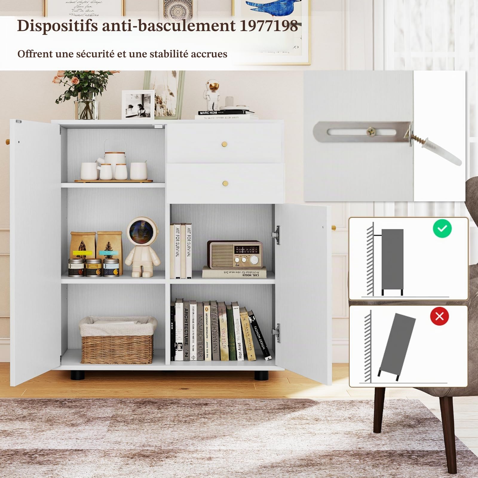 KOMFOTTEU Buffet Bas avec 2 Armoire à Porte, Meuble Rangement, 3 Étagère réglable, Armoire de Cuisine avec Kit Anti-basculement, pour Salon, Salle à Manger, Chambre, 74 x 35 x 85,5 cm (Blanc)